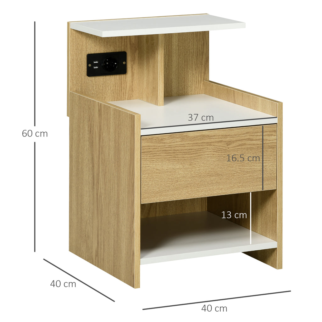 Homcom modern bedside table with 2 sockets and USB ports and a chipboard drawer, 40x40x60cm, wooden color - Borgè