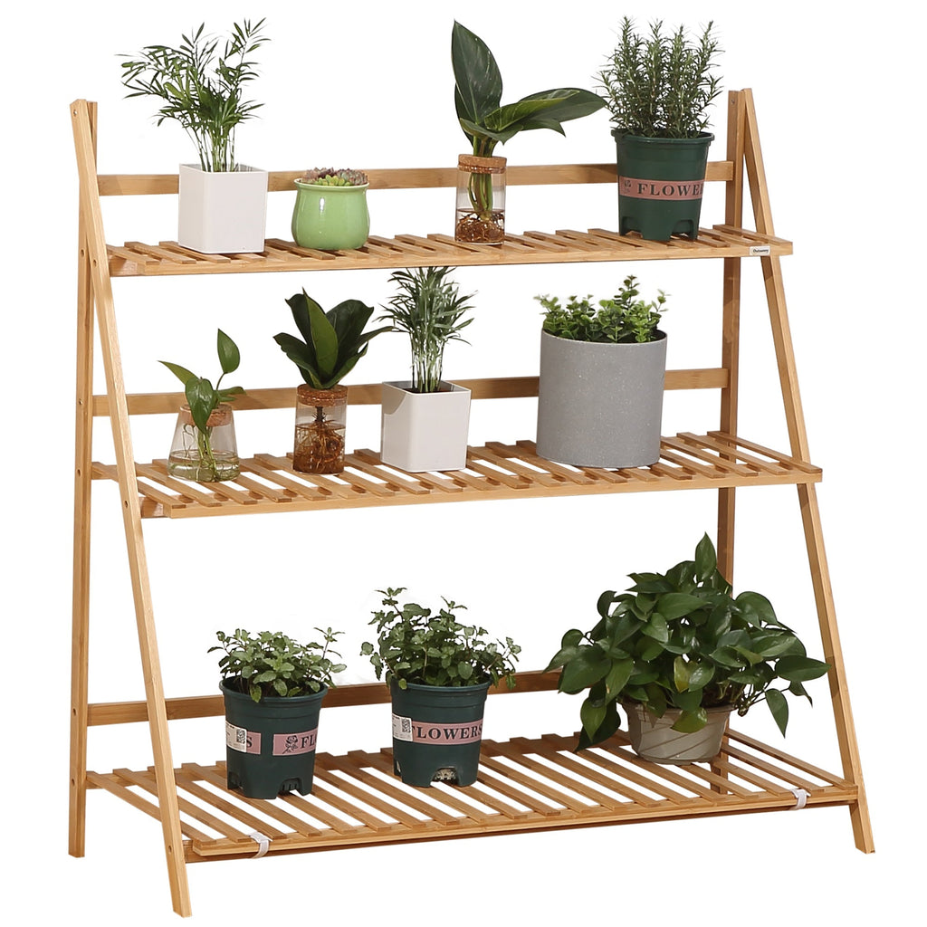 3 Tier Bamboo Outdoor Planter with Raised and Folding Design, 98x37x96.5 cm, Wood Color - Borge' Group Limited