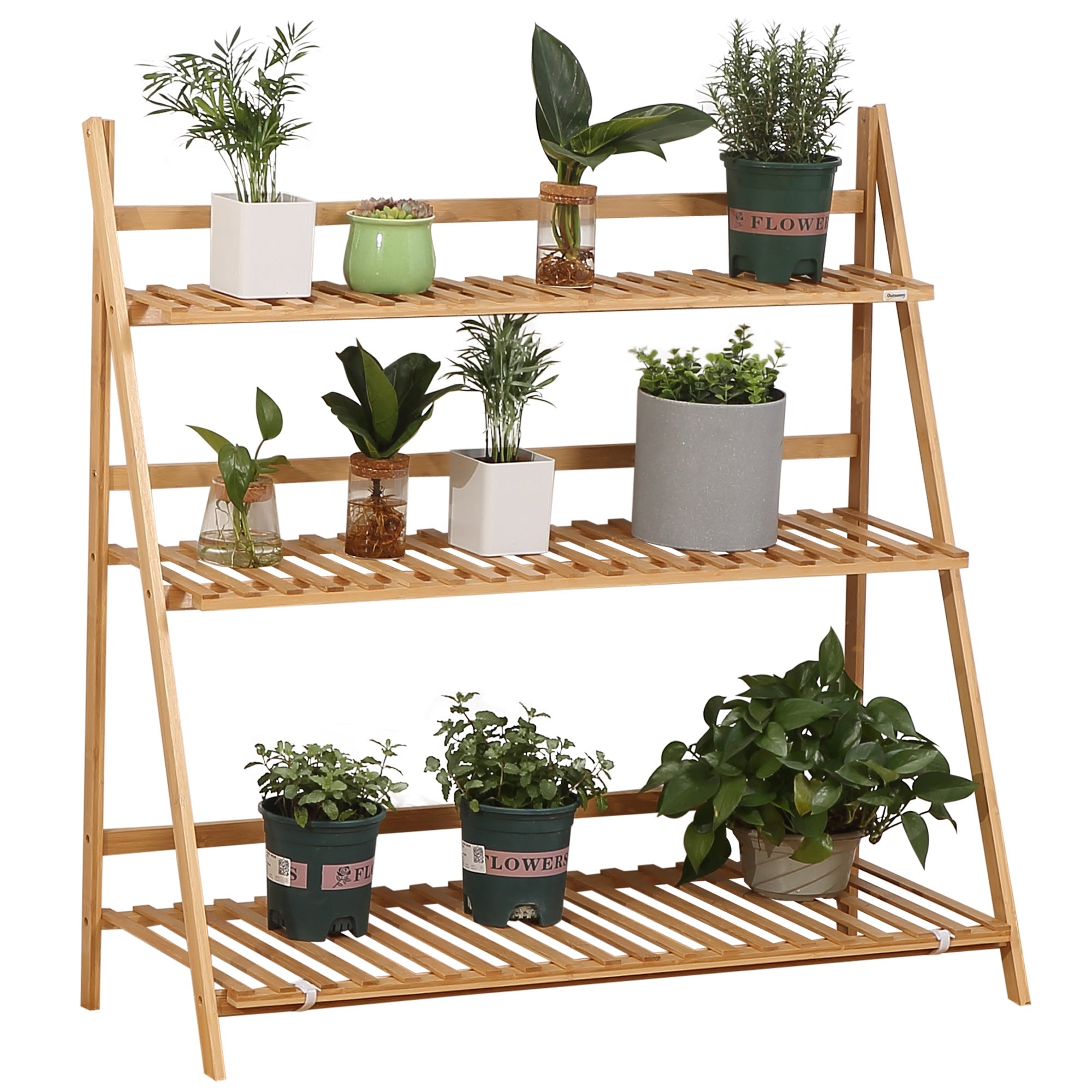 3 Tier Bamboo Outdoor Planter with Raised and Folding Design, 98x37x96.5 cm, Wood Color - Borge' Group Limited