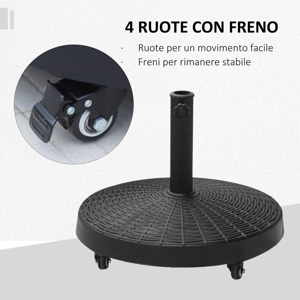 Round Garden Umbrella Base with 4 Wheels and Brakes, Metal and Resin Umbrella Base, for Ø38/48 mm Umbrella Poles, Ø52x41 cm, Black - Borge' Group Limited