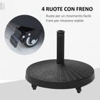 Round Garden Umbrella Base with 4 Wheels and Brakes, Metal and Resin Umbrella Base, for Ø38/48 mm Umbrella Poles, Ø52x41 cm, Black - Borge' Group Limited