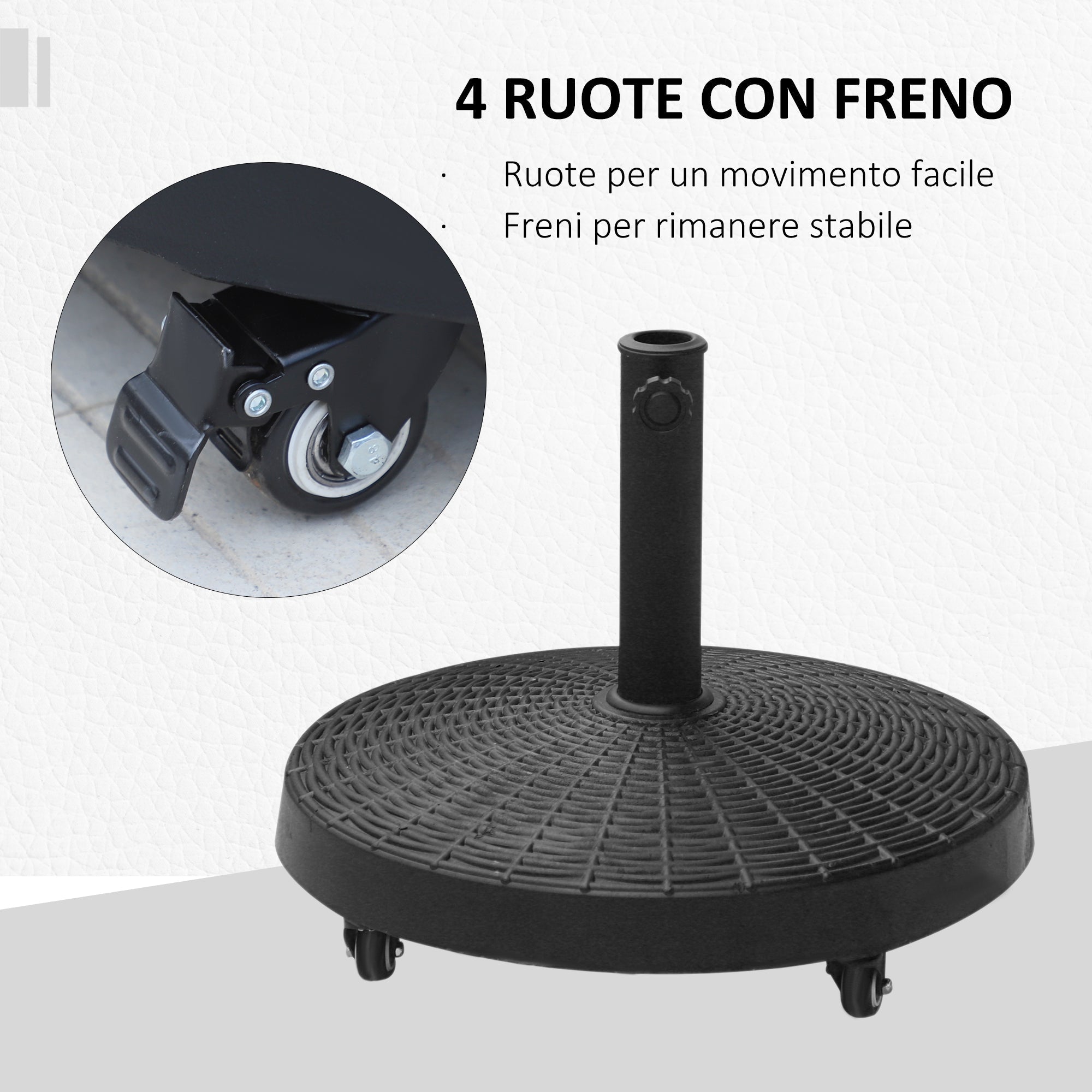 Round Garden Umbrella Base with 4 Wheels and Brakes, Metal and Resin Umbrella Base, for Ø38/48 mm Umbrella Poles, Ø52x41 cm, Black - Borge' Group Limited