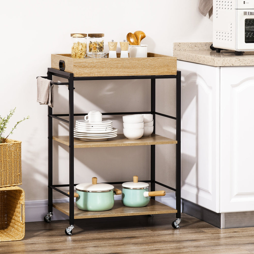 kitchen trolley with 3 shelves with removable tray and swivel wheels, 72x40x94cm, wood and black - Borgè