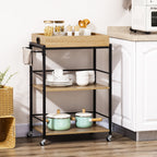 kitchen trolley with 3 shelves with removable tray and swivel wheels, 72x40x94cm, wood and black - Borgè