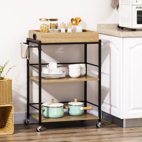 kitchen trolley with 3 shelves with removable tray and swivel wheels, 72x40x94cm, wood and black - Borgè