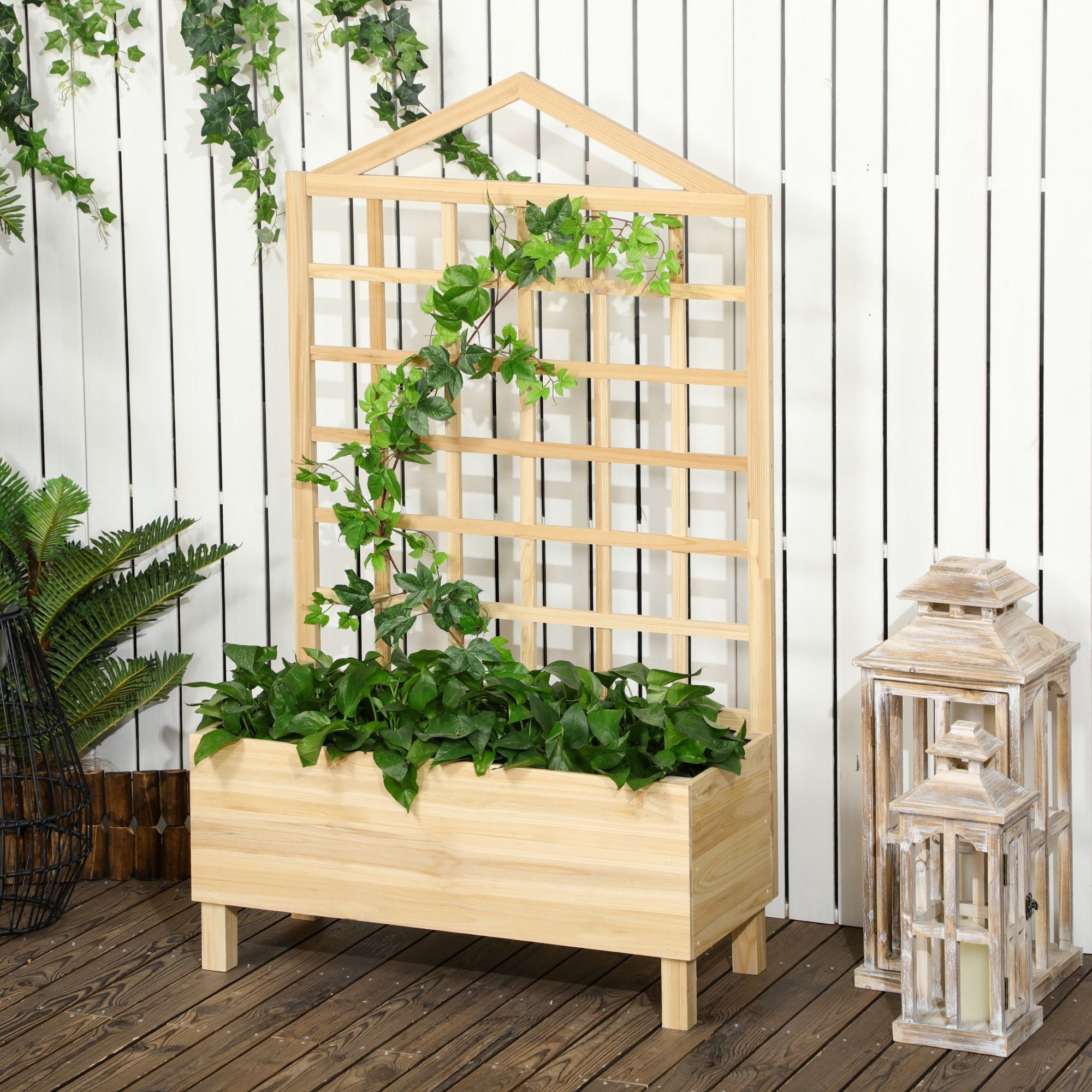 Outdoor Planter in Fir Wood with Trellis and Drainage Holes, 90x43x150 cm - Borge' Group Limited