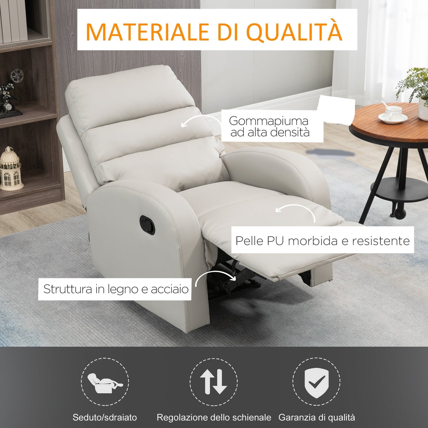 Relaxable relaxation armchair with padded seat and home and office footrests, 80x91x102 cm, Grey - Borgè