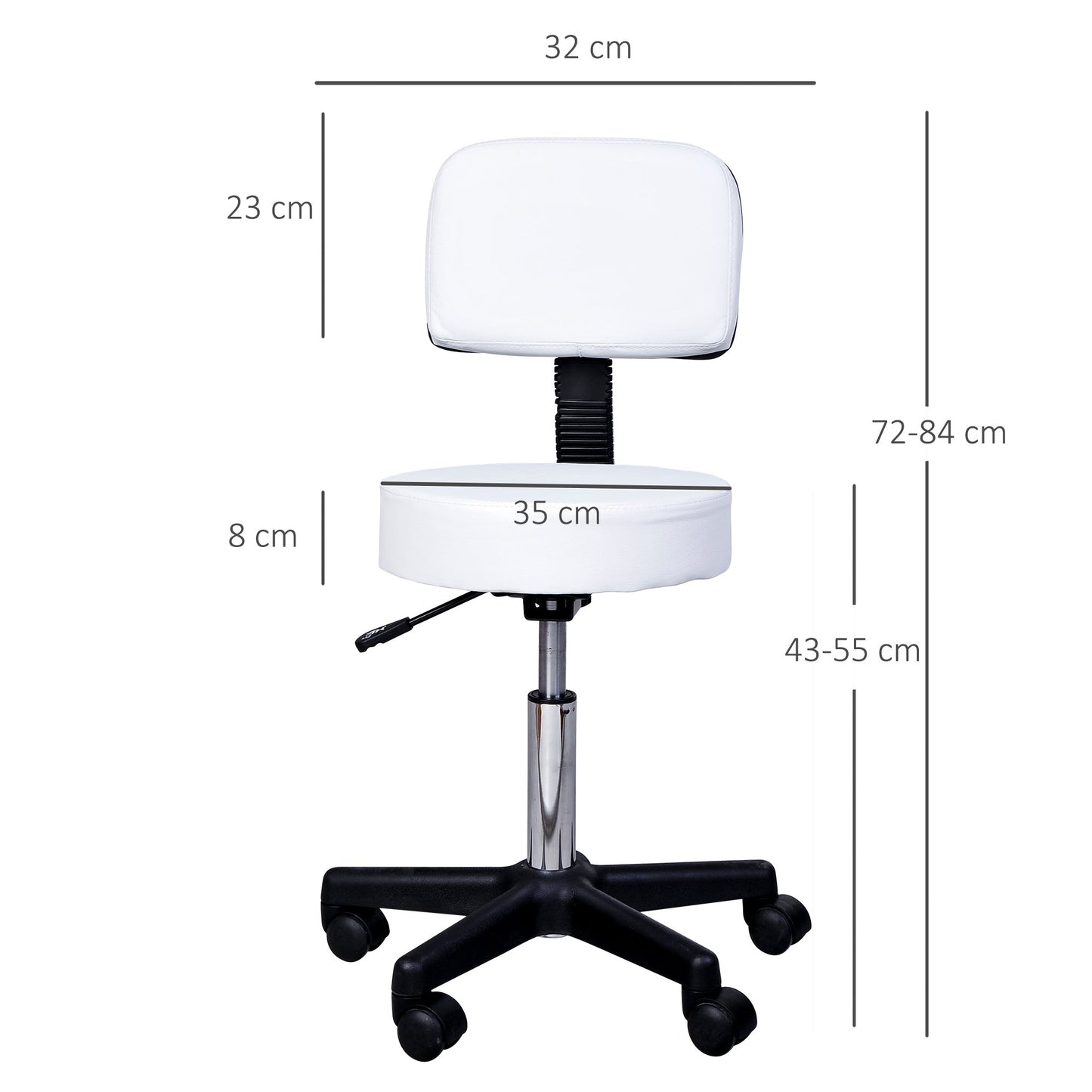 Homcom swivel stool with backrest, adjustable height and 5 -like white -like wheels for home or shop