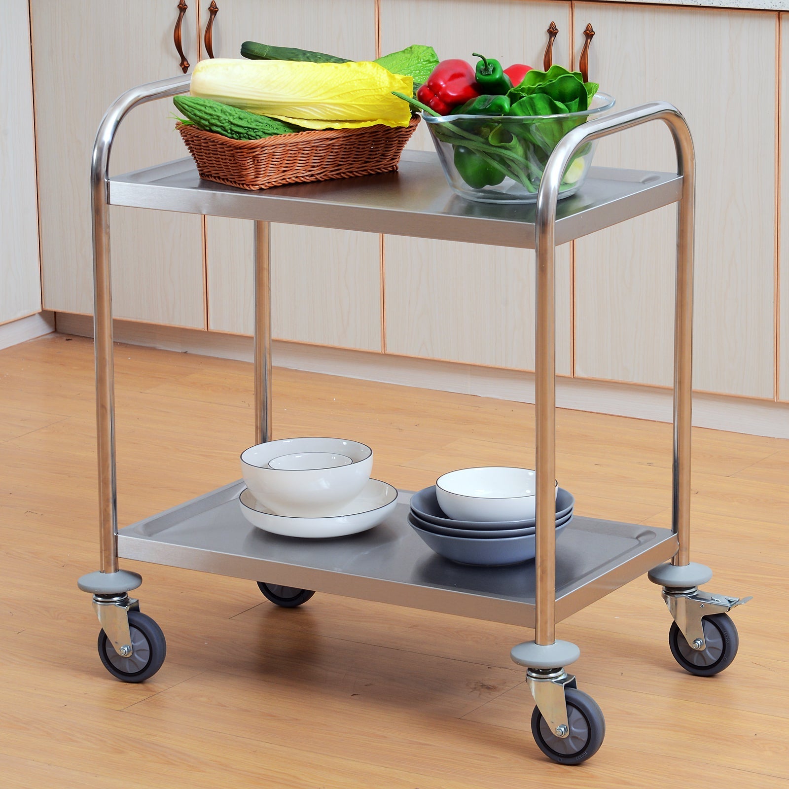 Homcom Kitchen Cart 2 shelves with stainless steel wheels 71x41x81cm, silver - Borgè