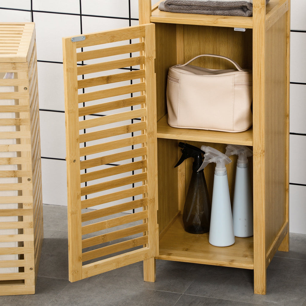 kleankin bamboo bathroom cabinet with 2 open shelves and 2 -level locker, 32.9x29.9x120 cm - Borgè
