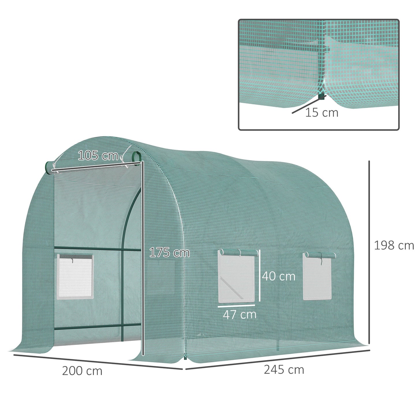 Outsunny Garden Greenhouse Steel Frame and 4 PE Windows 2.5x2x2m, Green - Borgè