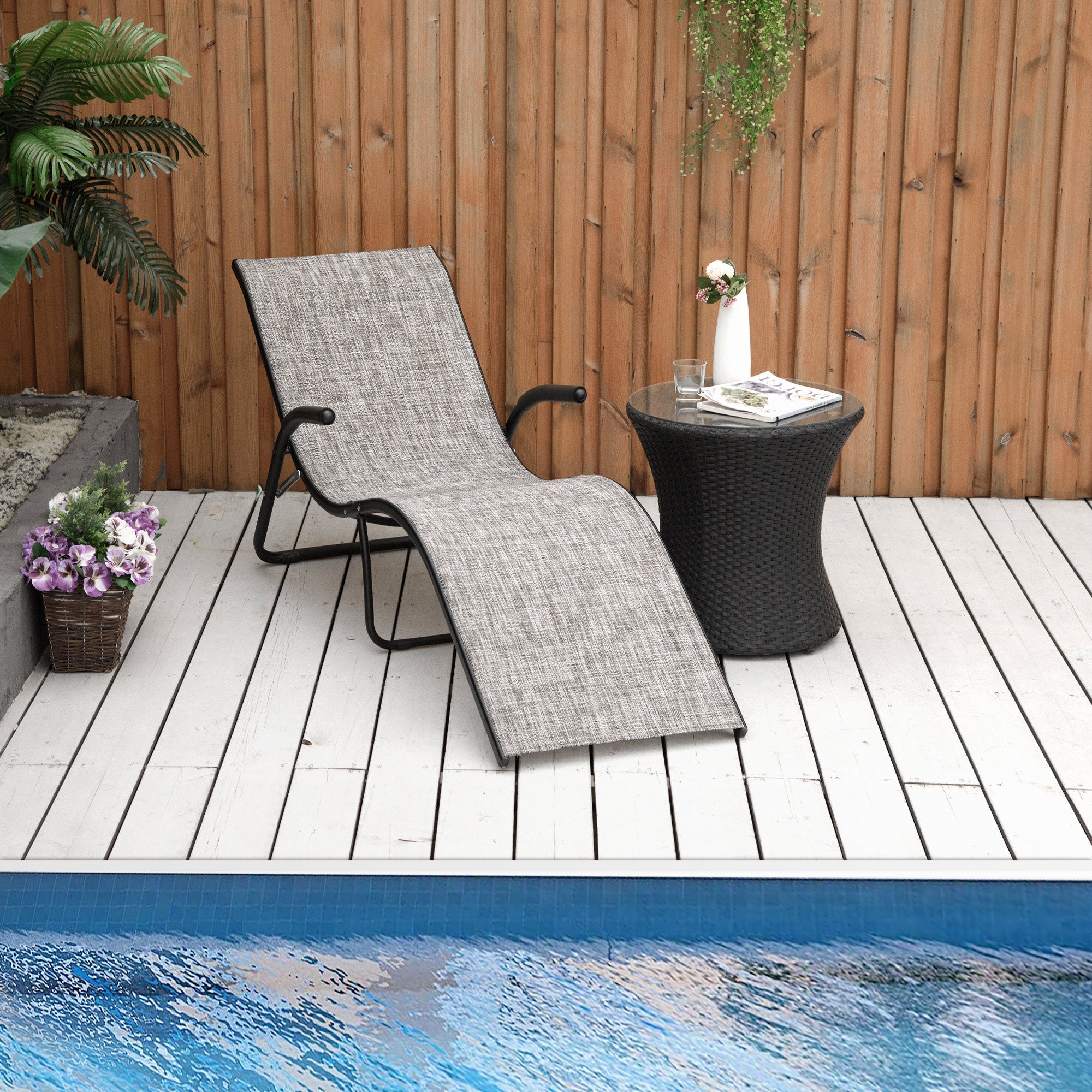 Ergonomic Folding Outdoor Sun Lounger in Metal and Mesh Fabric, 170x62x68cm, Grey - Borge' Group Limited
