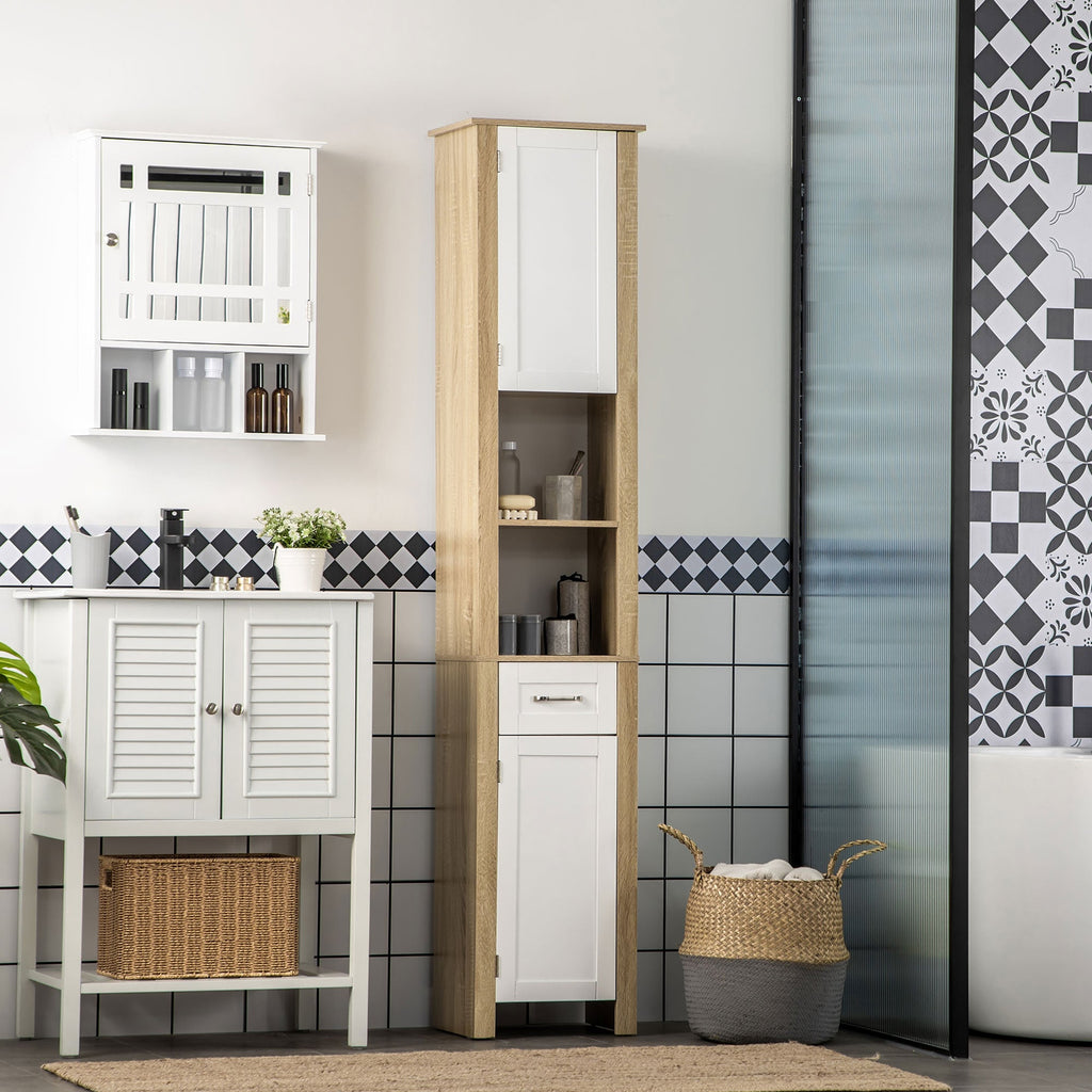 Kleankin high bathroom cabinet in chipboard with a drawer, 2 lockers and 2 adjustable open shelves, 37x30x184 cm - Borgè