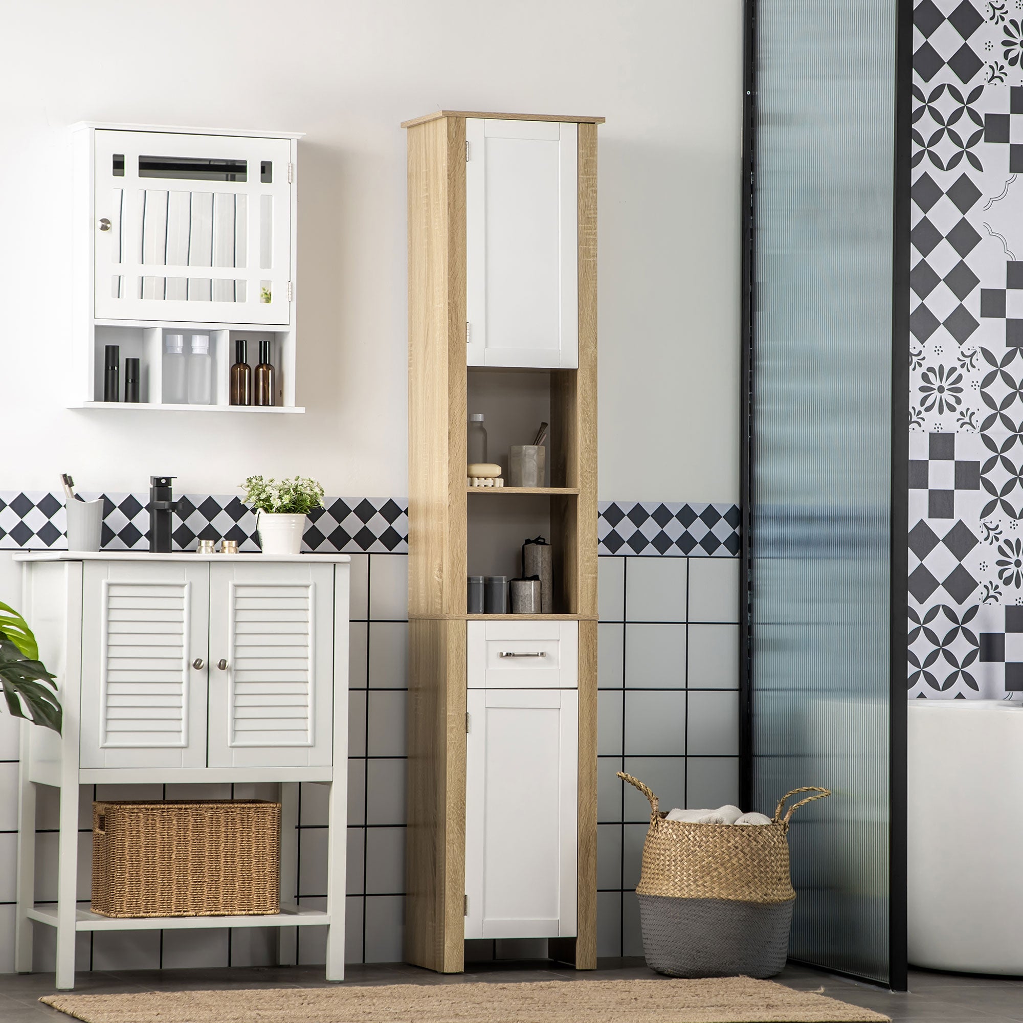 Kleankin high bathroom cabinet in chipboard with a drawer, 2 lockers and 2 adjustable open shelves, 37x30x184 cm - Borgè