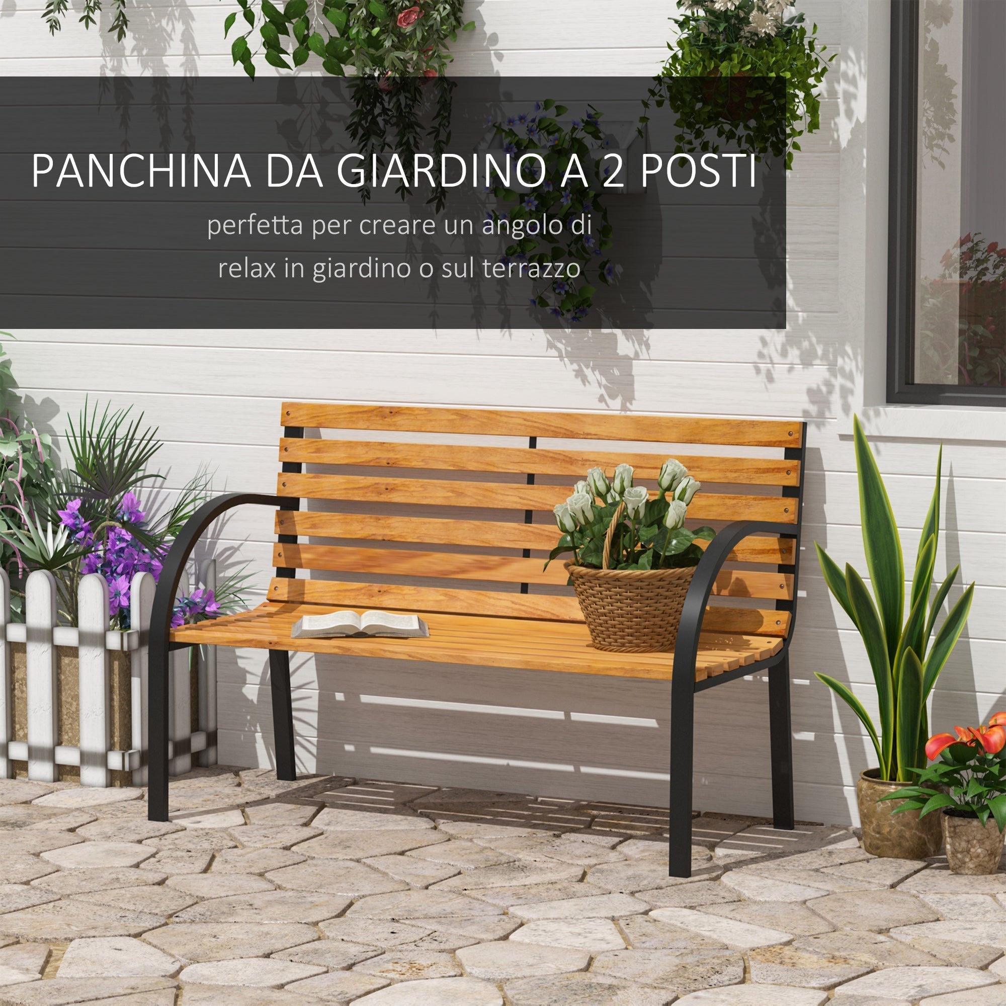 2-Seater Wooden Bench, Outdoor Bench, Garden, Balcony or Terrace 122x60x83cm, Black and Wood Color - Borge' Group Limited