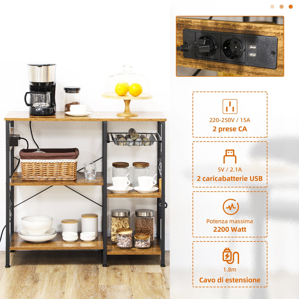 Homcom Kitchen Mobile with 3 shelves in chipboard with power outlet, USB port and basket, 90x40x83cm - Borgè