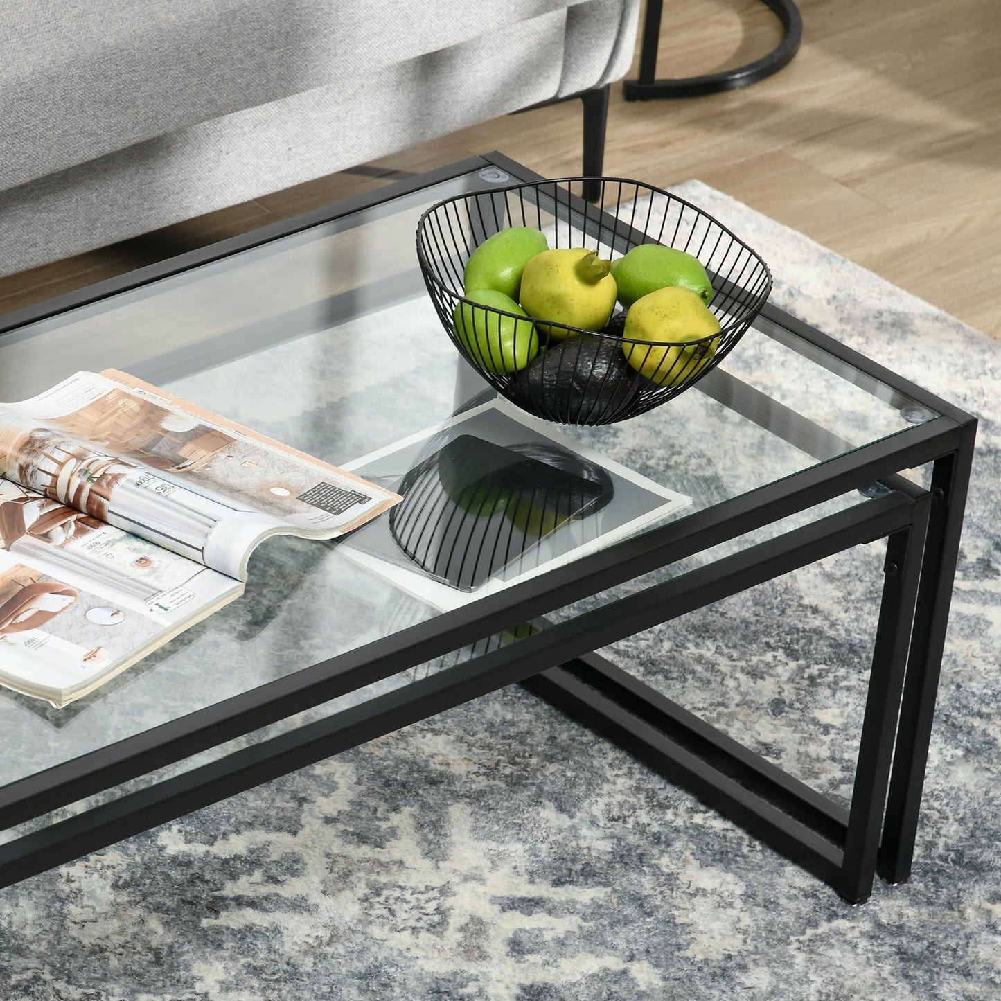 Coffee tables stackable in tempered glass and steel with Black Frame for living room - Borgè