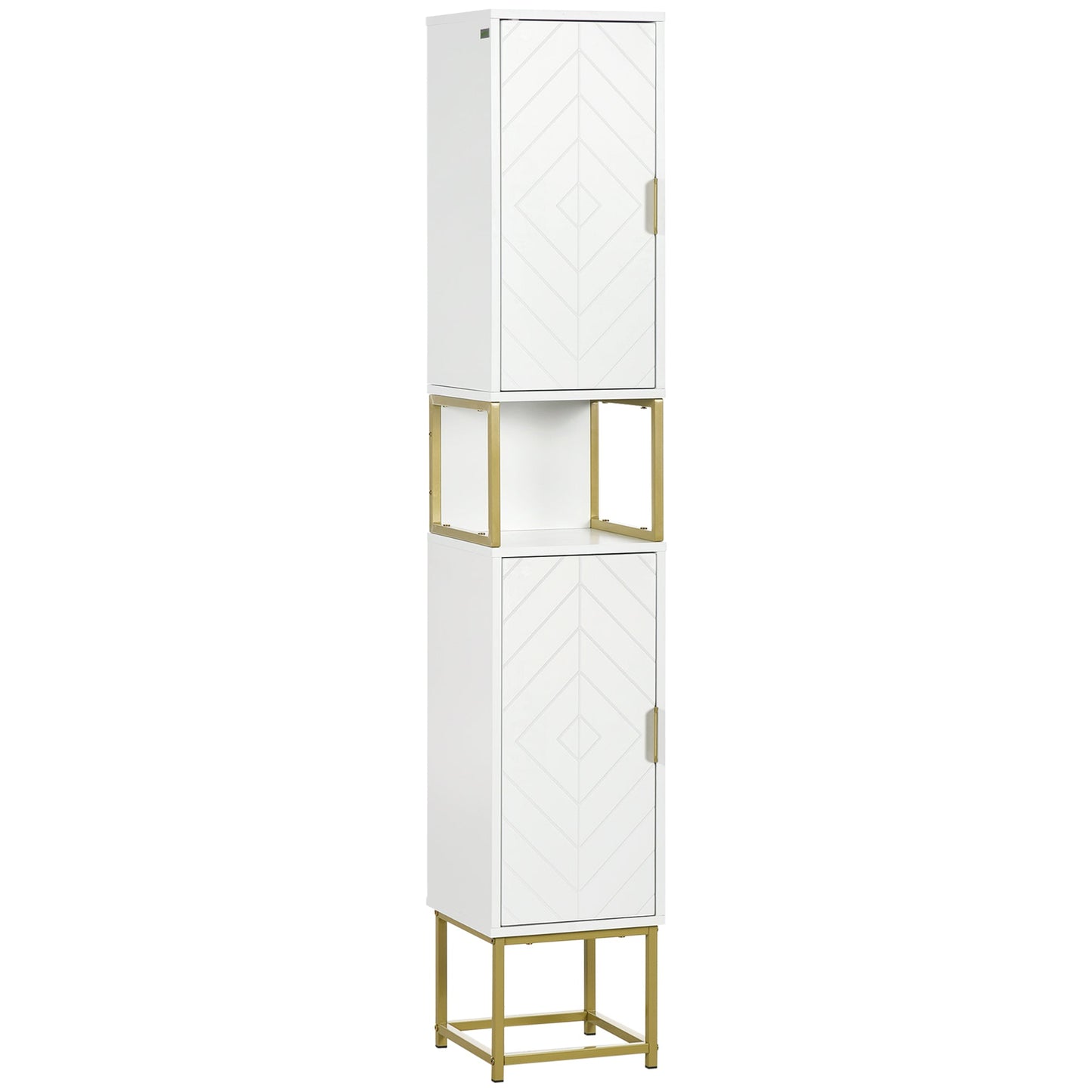 Kleankin Bathroom column with 2 lockers and shelf in mdf and steel, 30x30x170.7cm, white and gold - Borgè