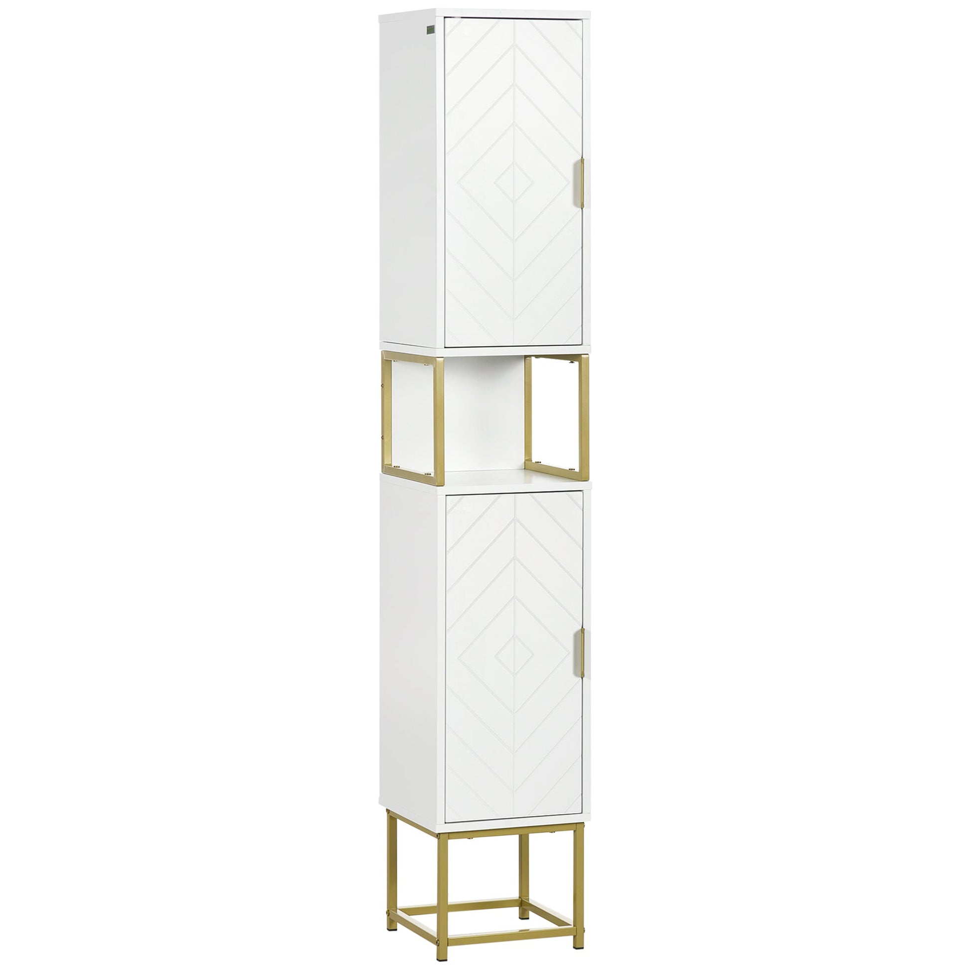 Kleankin Bathroom column with 2 lockers and shelf in mdf and steel, 30x30x170.7cm, white and gold - Borgè