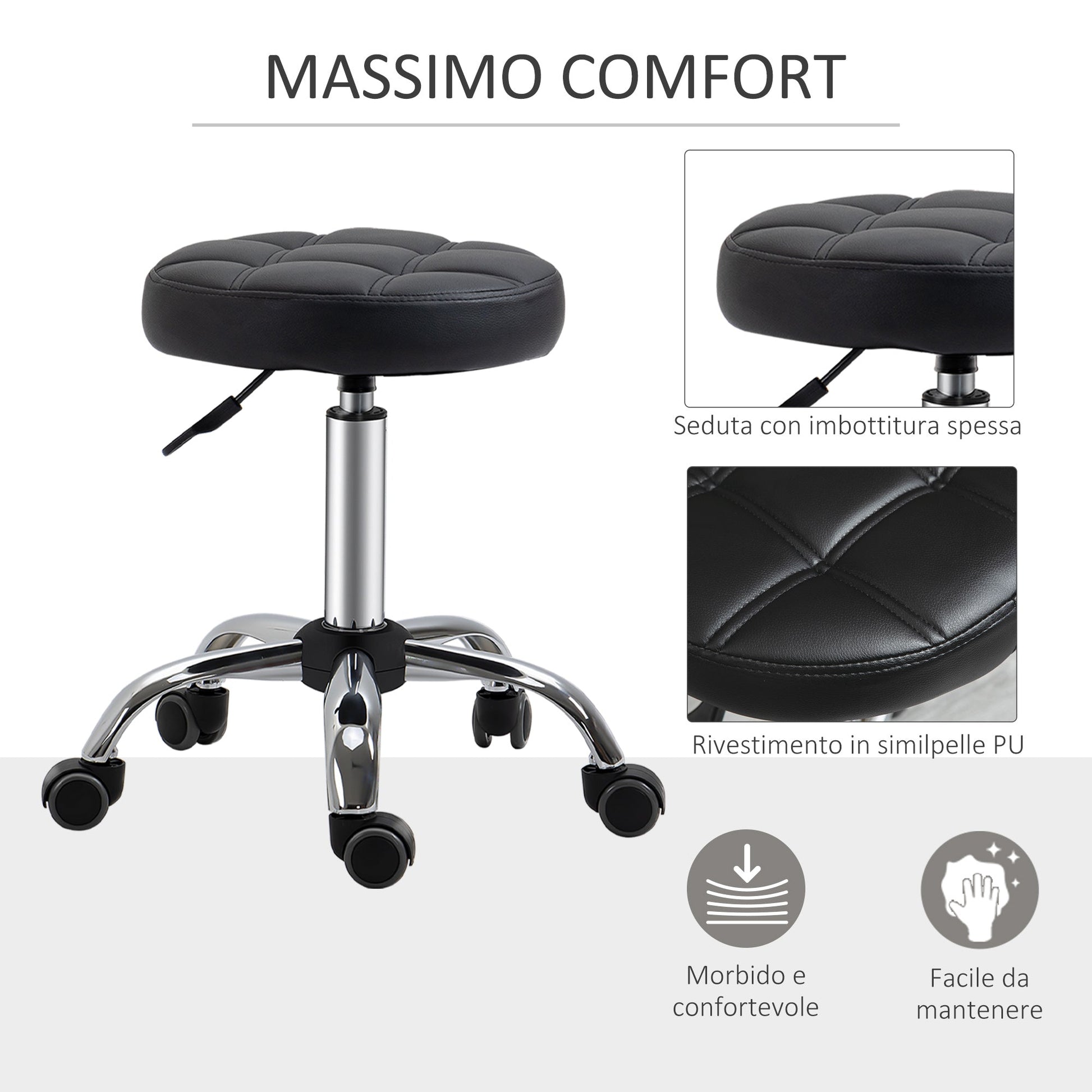 Black Beauty / Tattoo Round Swivel Stool with Wheels, Adjustable Height and Eco Leather Cover, Black - Borgè