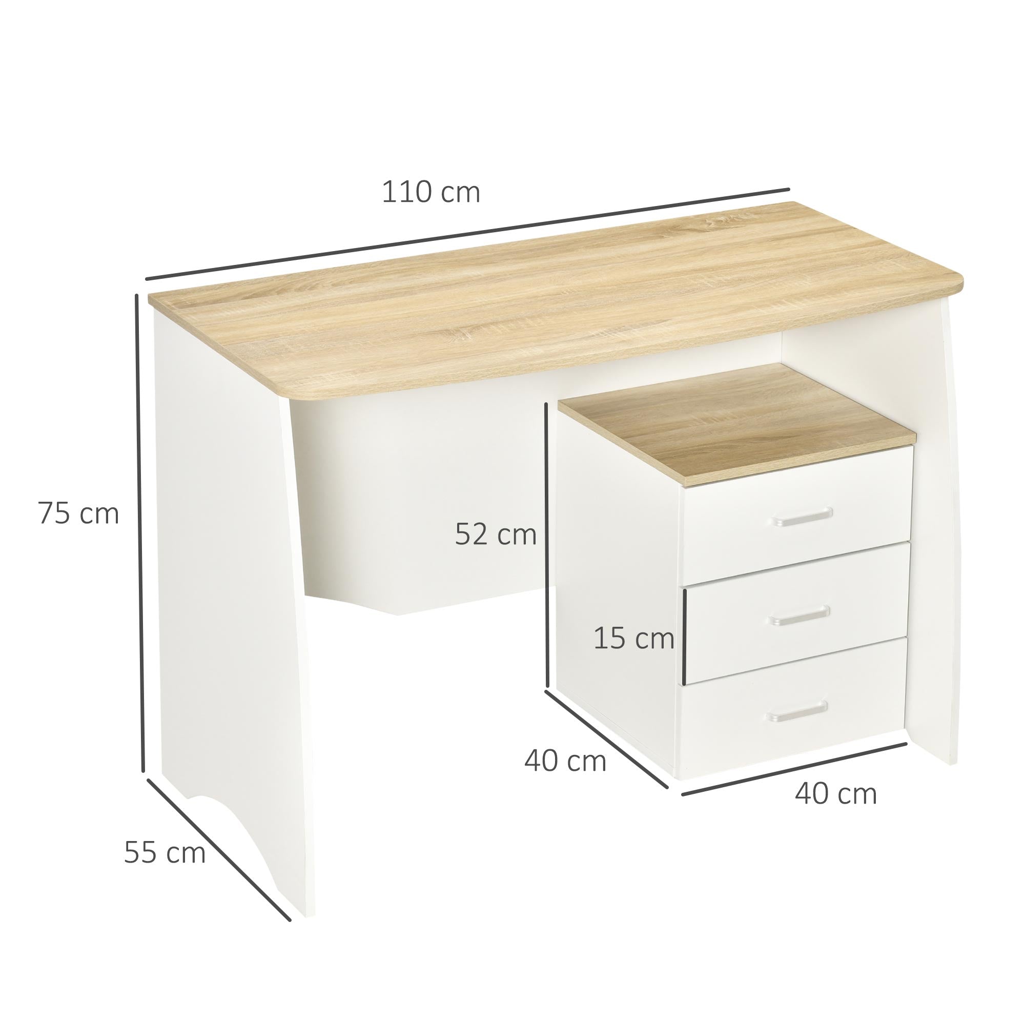 desk with modern wooden chest of drawers, pc desk for room and office, 110x55x75cm - Borgè