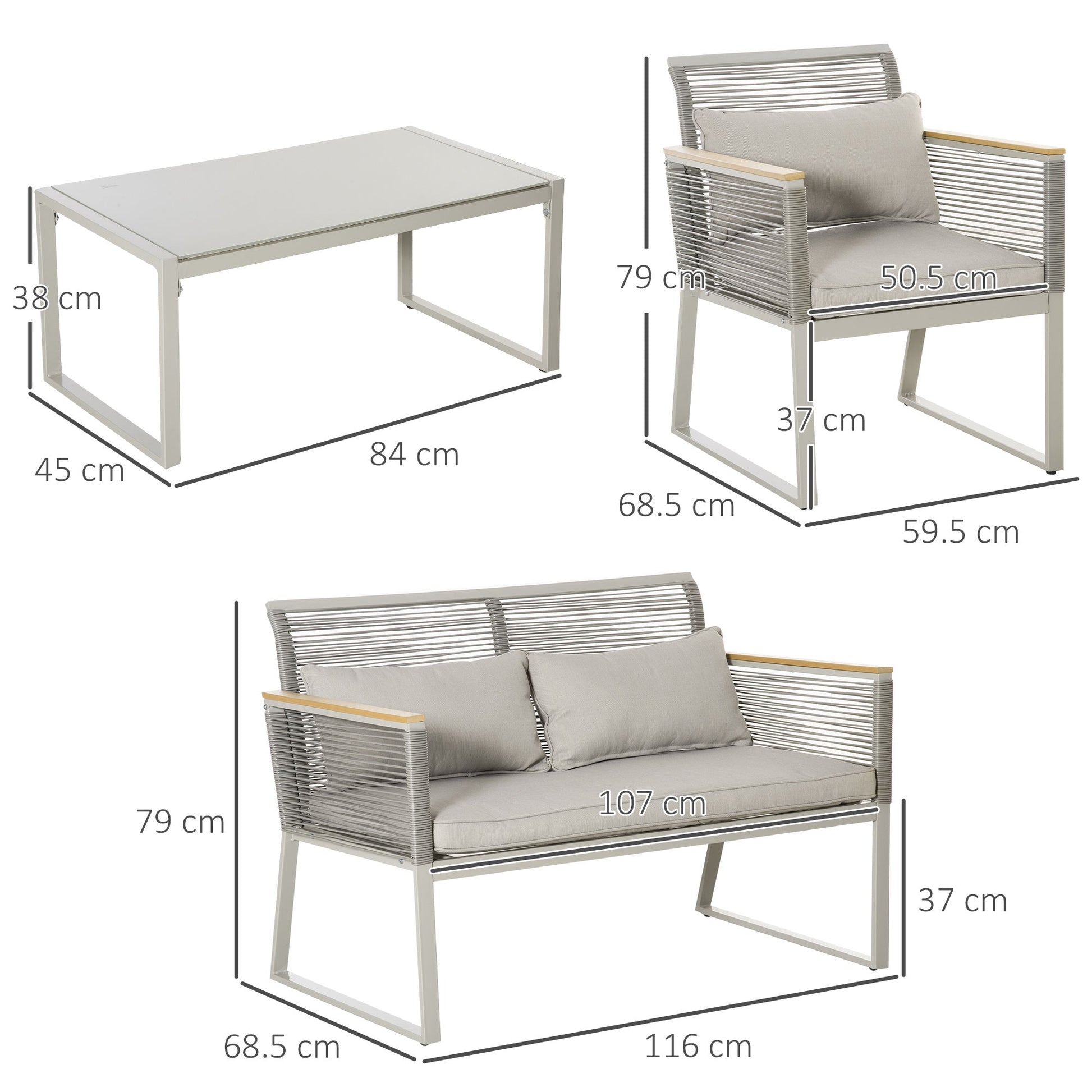 Outsunny garden set 4 pieces in Rattan pe with 2 armchairs, sofa and coffee table in Grey tempered glass - Borgè