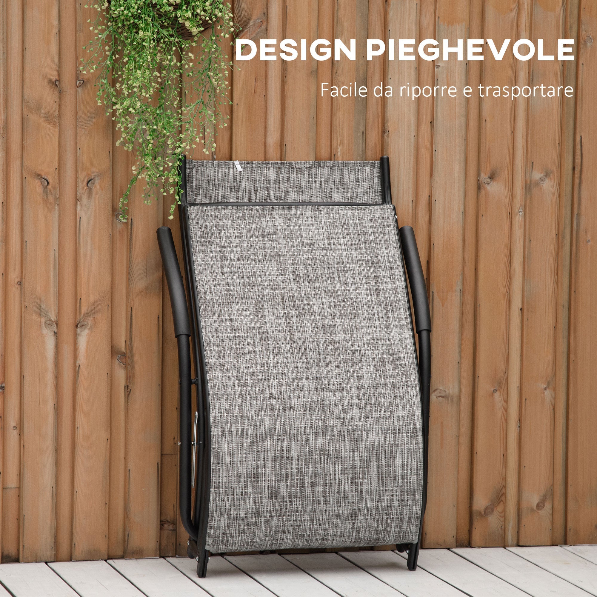 Ergonomic Folding Outdoor Sun Lounger in Metal and Mesh Fabric, 170x62x68cm, Grey - Borge' Group Limited