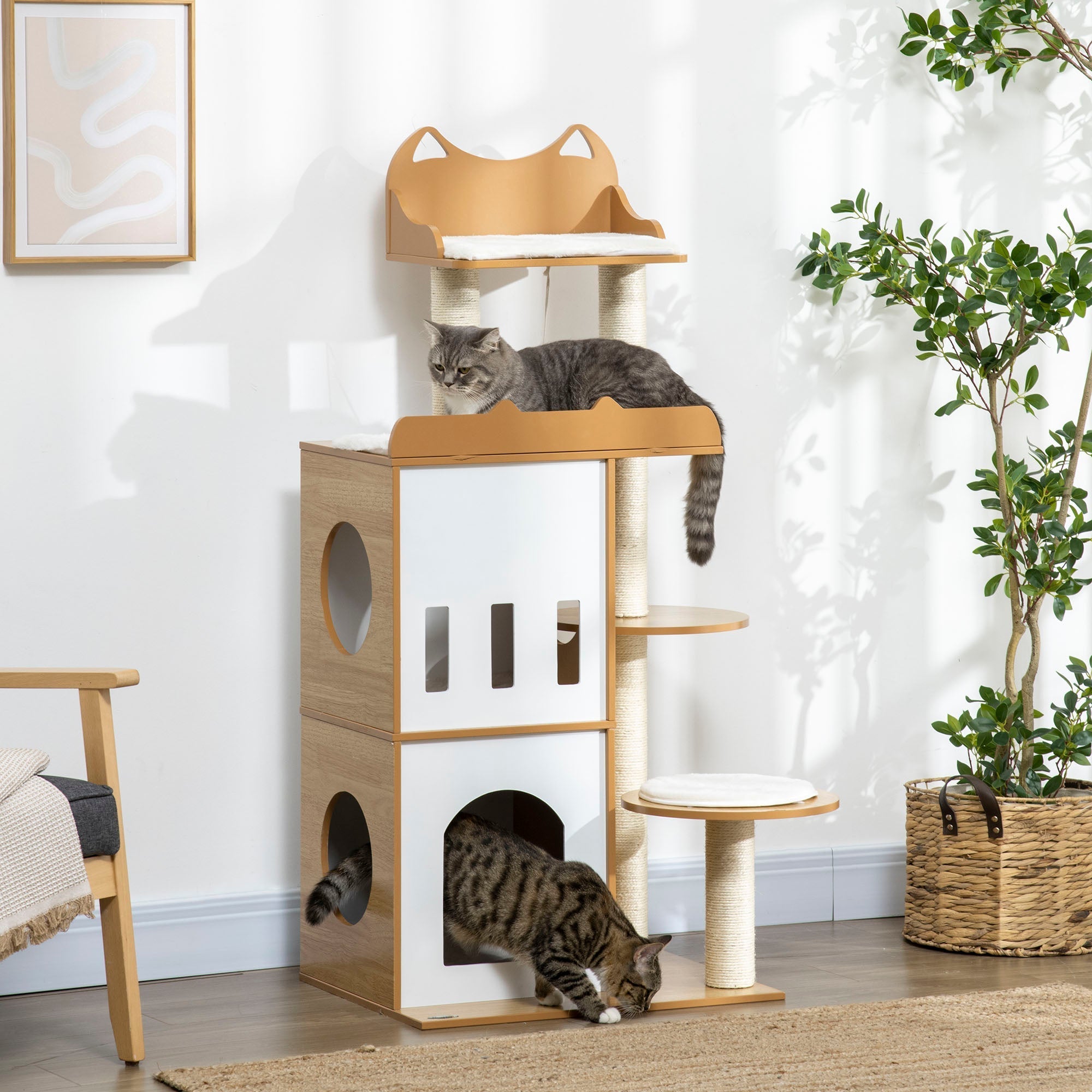 Cat Tree with Cat Scratching Post, 2 Cat Houses, Perches and Play Ball, 60x48x133 cm - Borge' Group Limited