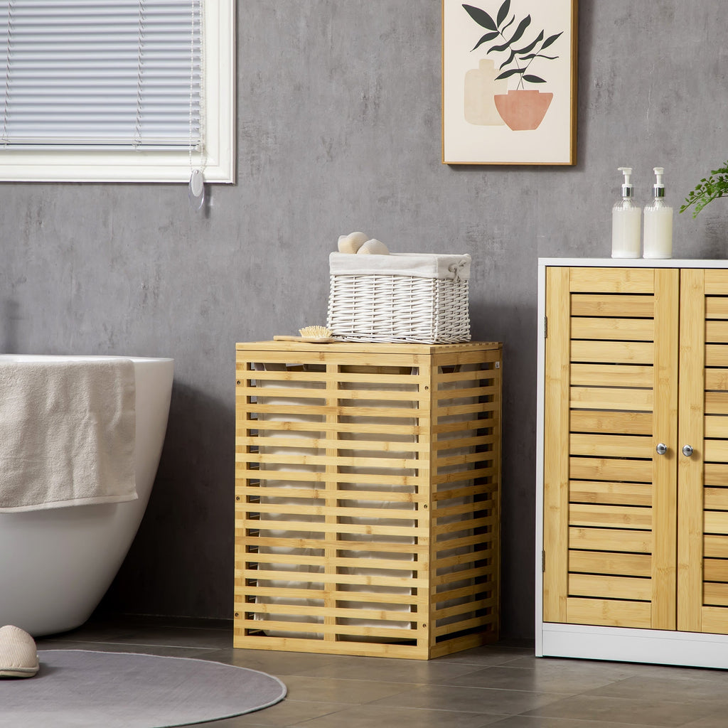 Bamboo bamboo bamboo cane with lid and sack in removable and washable polyester, 44x37x62.5 cm, wood color - Borgè