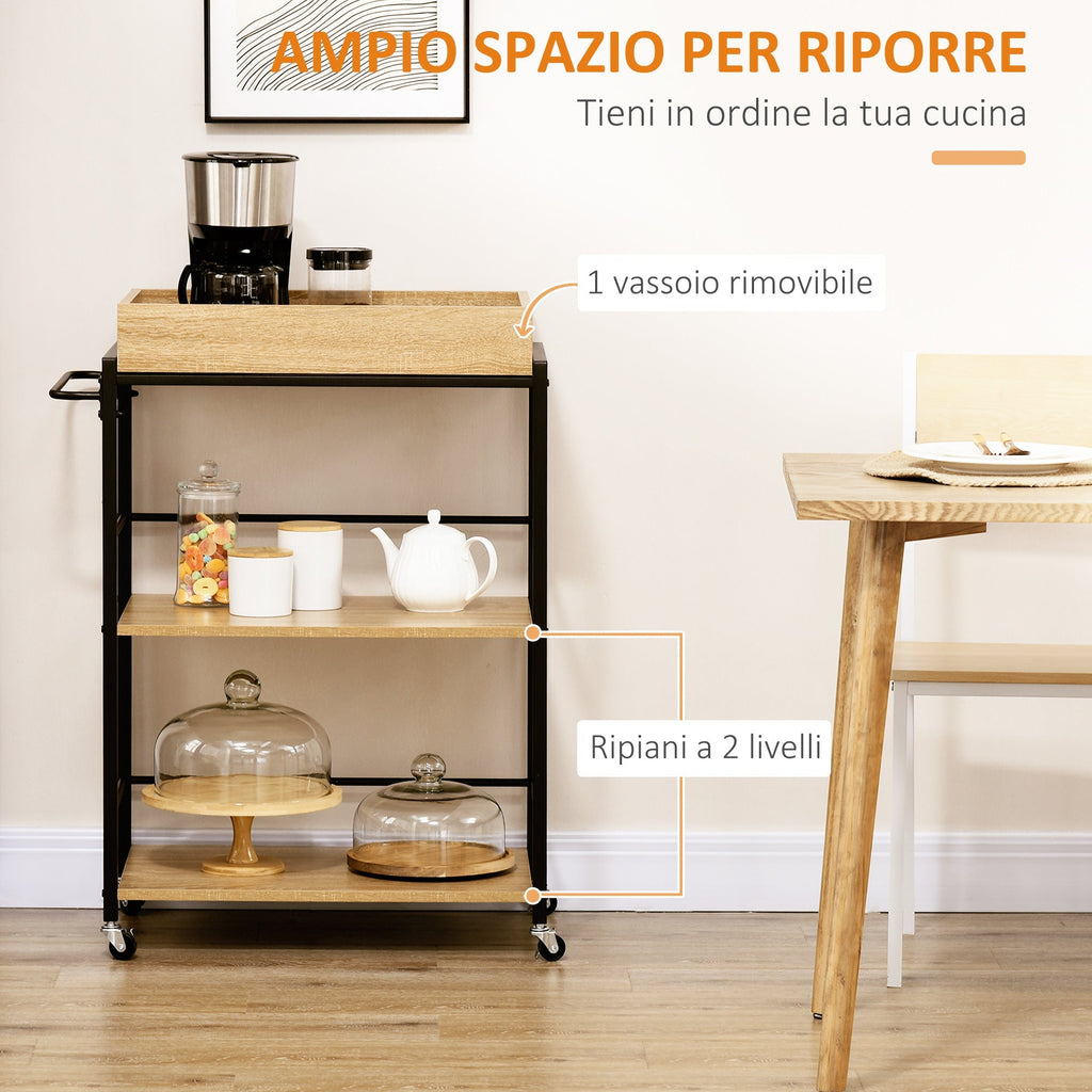 kitchen trolley with 3 shelves with removable tray and swivel wheels, 72x40x94cm, wood and black - Borgè