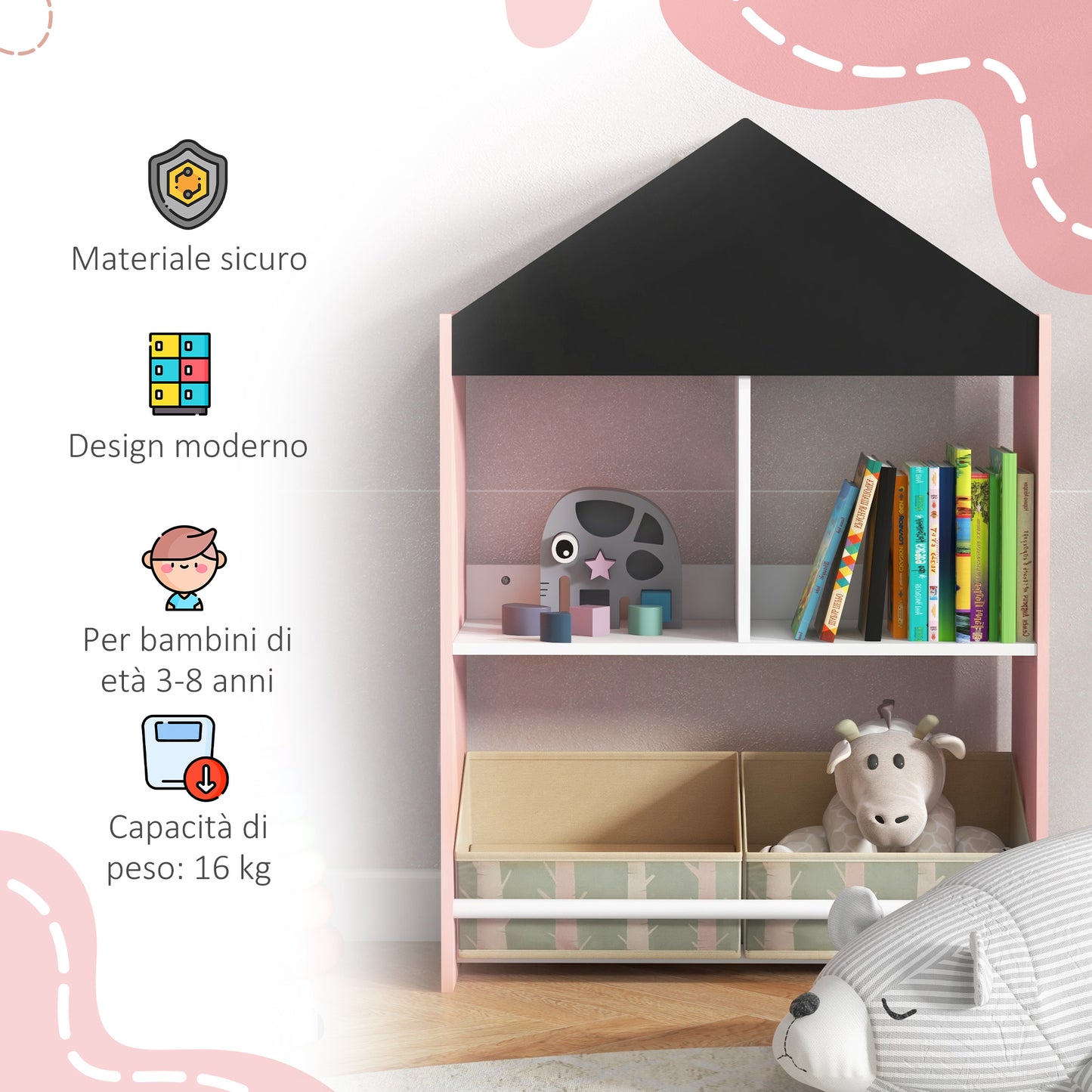 Zonekiz Keeping shelf for children with removable shelves and drawers, pink - Borgè