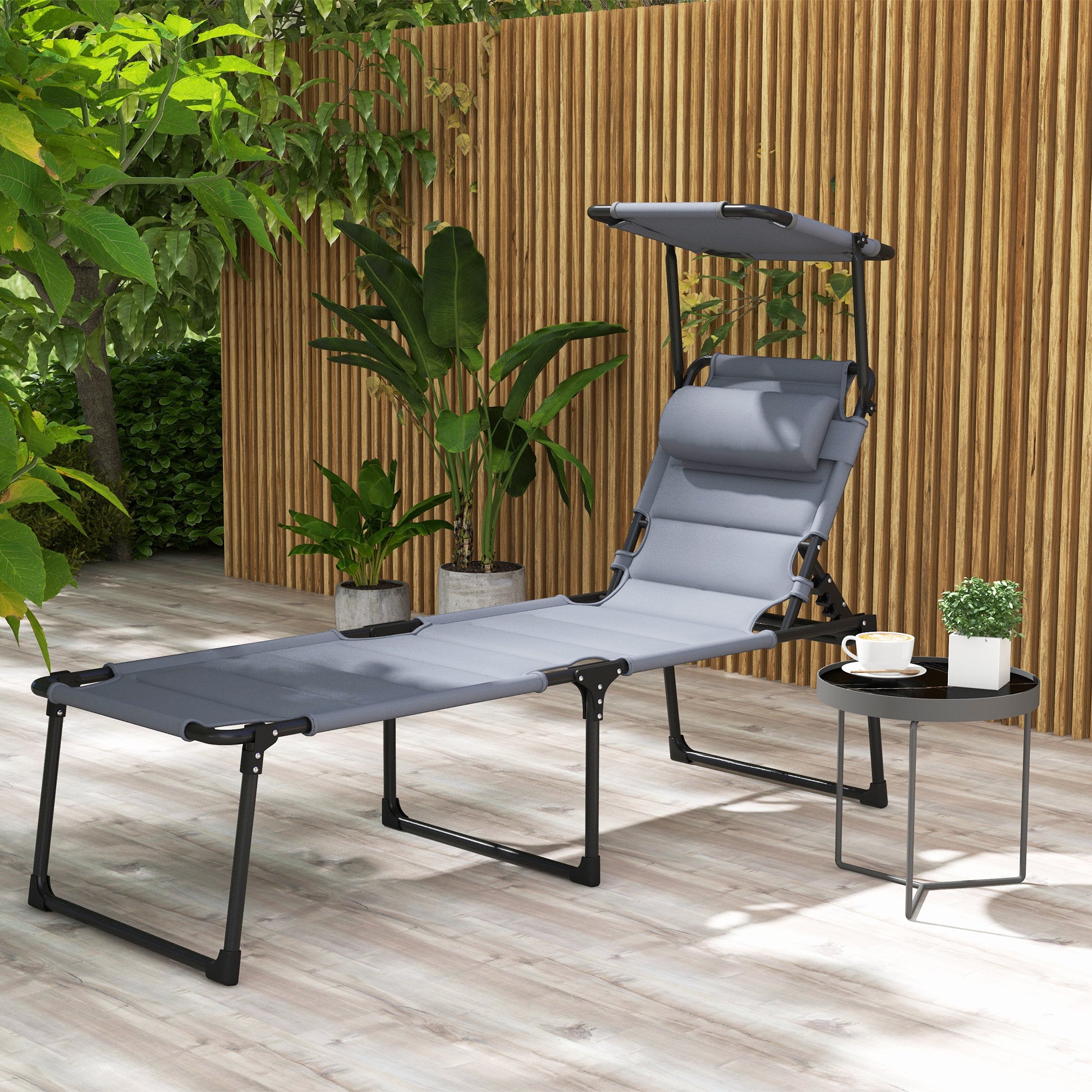 Outsunny folding sun bed with 4 -level adjustable backrest, pillow and padding, gray - Borgè