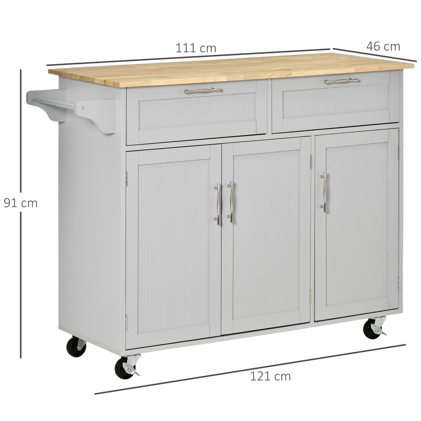 VERA | Multipurpose Wooden Kitchen Trolley with 2 Drawers, 3 Doors and 4 Wheels 121x46x91cm, Grey - Borgè