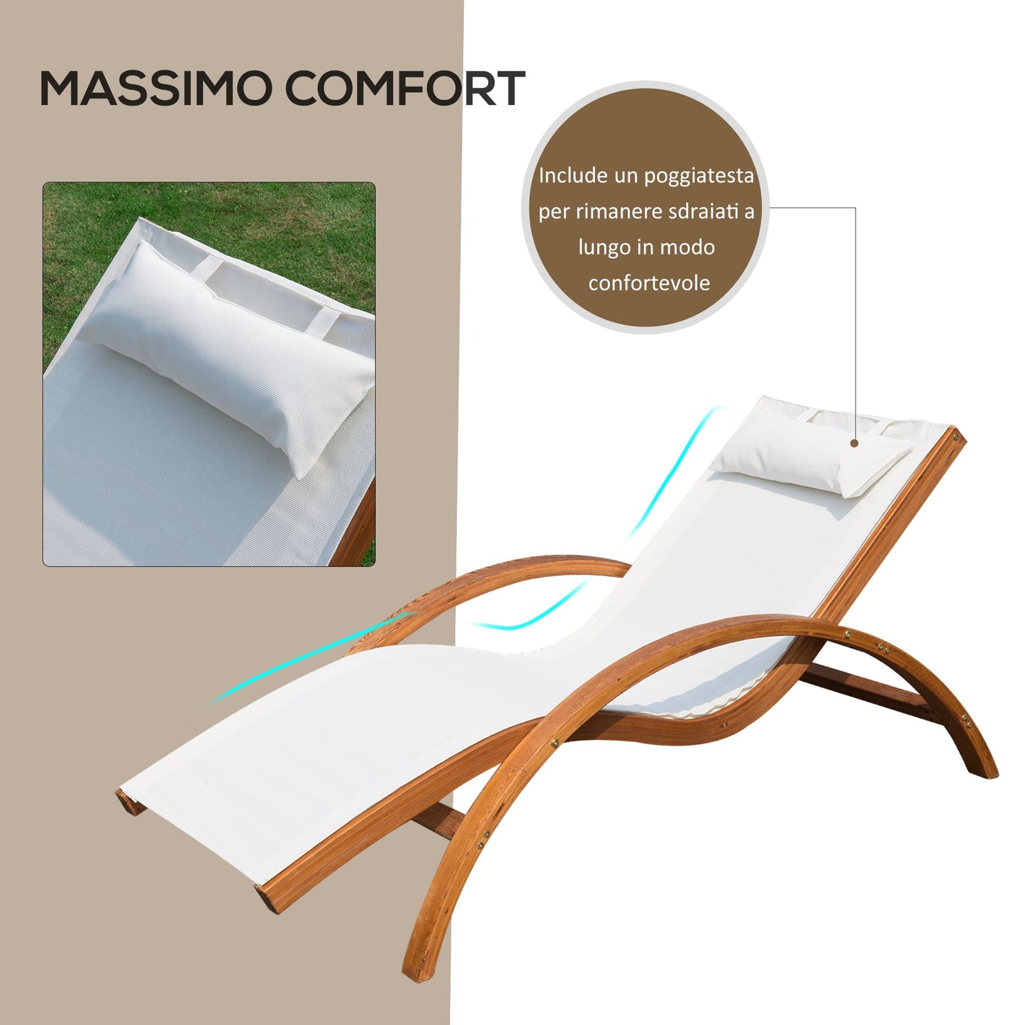 Outsunny ergonomic garden deckchair with padded wooden headrest fabric 161 x 72 x 68 cm cream