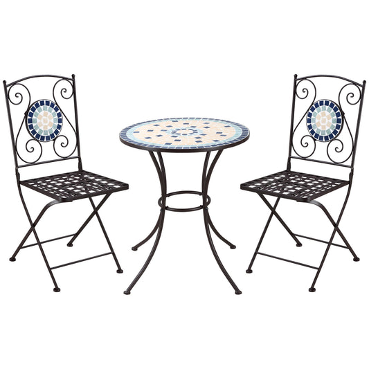 Outdoor garden furniture set 3 pieces with 2 folding chairs and 1 round table, metal and ceramic - Borgè