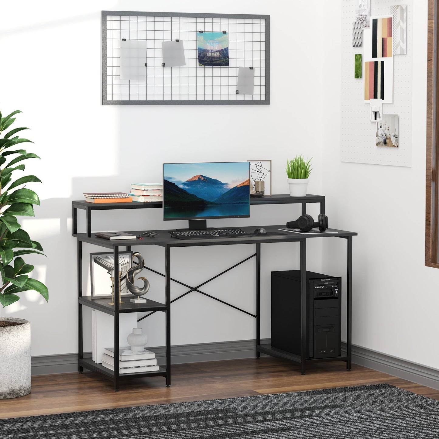 computer desk with shelves for monitor and CPU, home office desk, study and work, black, 140 x 60 x 93cm - Borgè