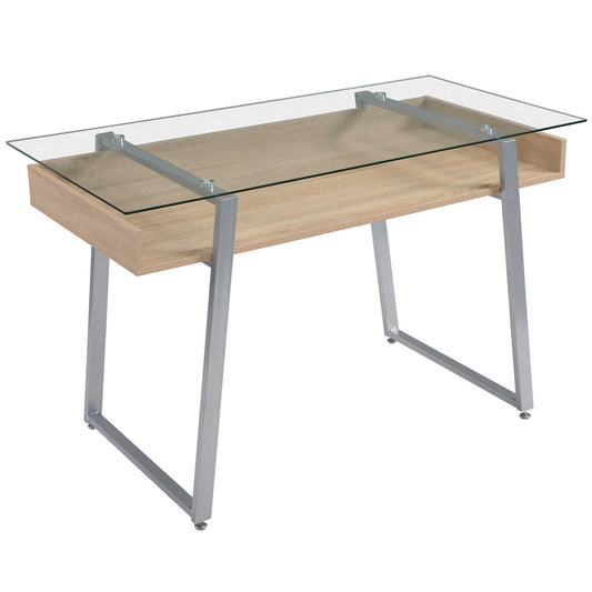 Design desk desk with 9mm tempered glass top and wooden frame and steel, for office house - Borgè