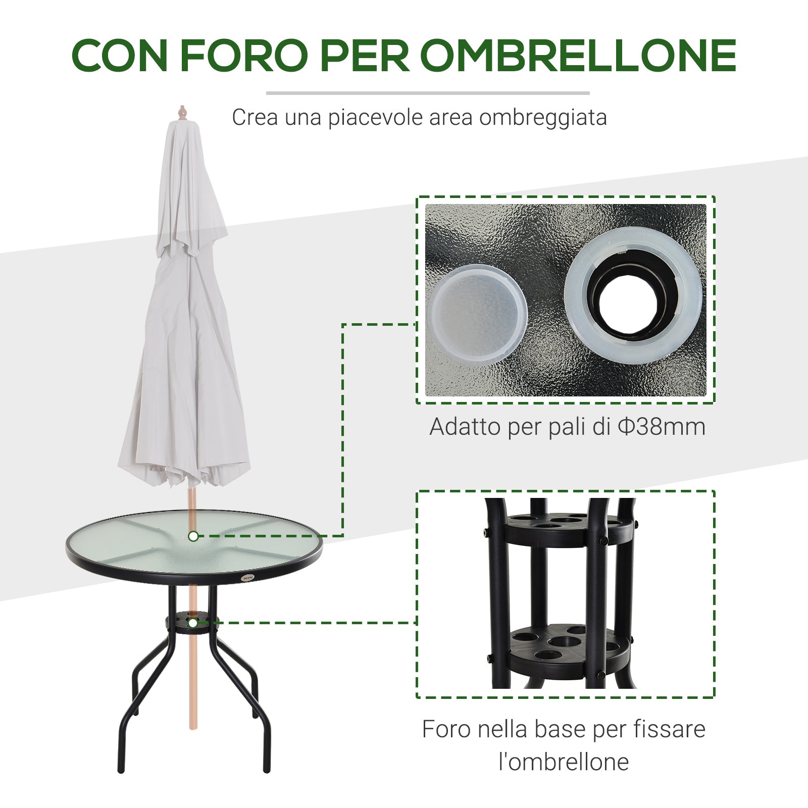 Outsunny garden table with tempered glass top and hole for steel umbrella ф80 x 72 cm black - Borgè