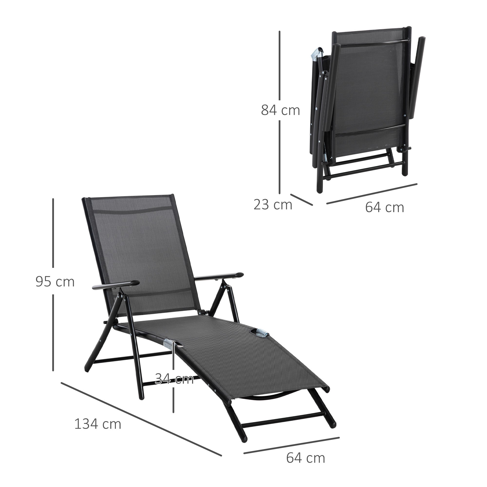 Oustunny set 2 folding garden deckchair with adjustable backrest, 64x134x95cm, black - Borge' Group Limited