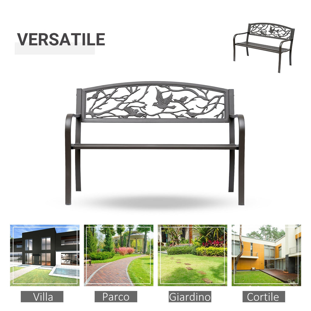 Waterproof Steel and Cast Iron Outdoor Garden Bench, Backrest with Natural Pattern Decorations, 127x60cm, Brown - Borge' Group Limited