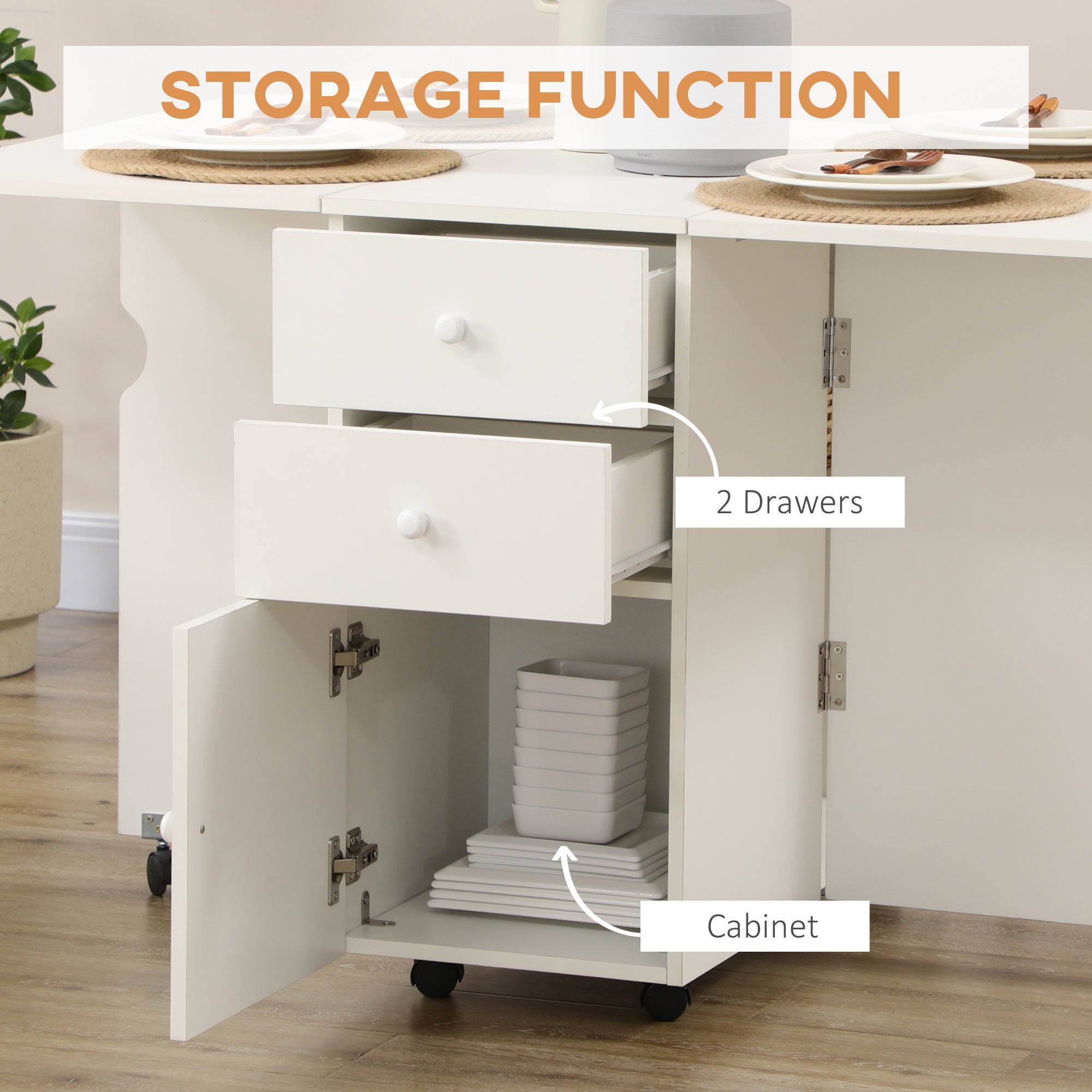 Homcom Ribal kitchen table with 2 drawers and cabinet with ante, in chipboard, 120x80x75 cm, white - Borgè