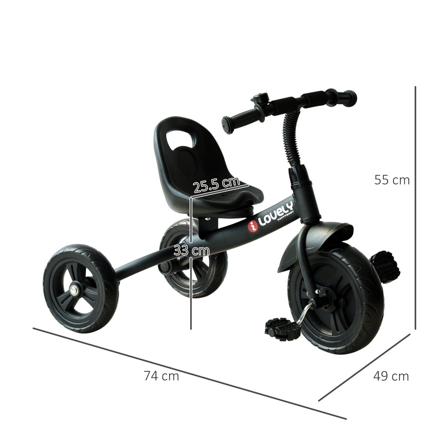 metal tricycle with bell, mudguard, special wheel, black - Borgè