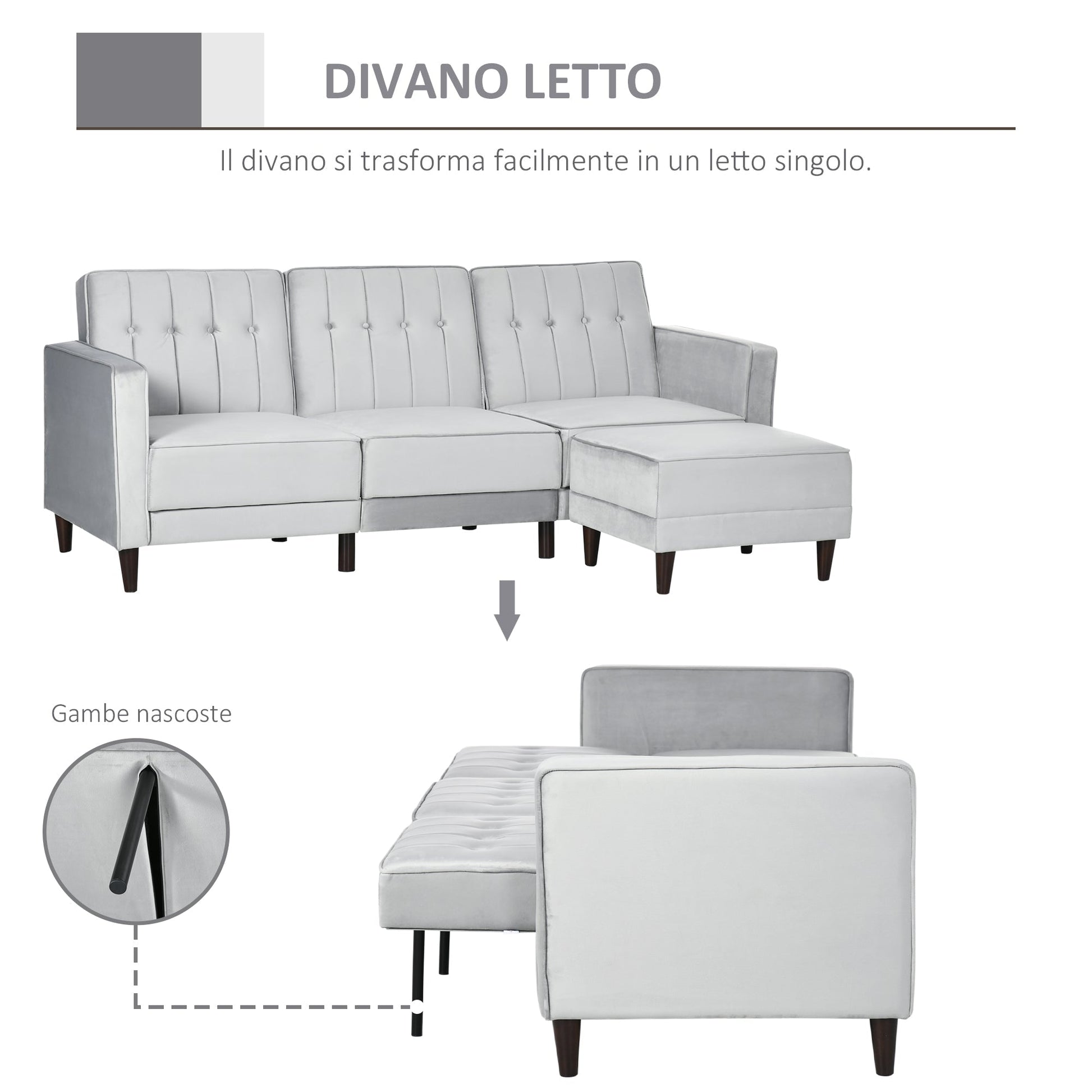 sofa bed 3 seats with footrest and reclining back, velvet coating and padded seat, 218x85x86 cm, light Grey - Borgè