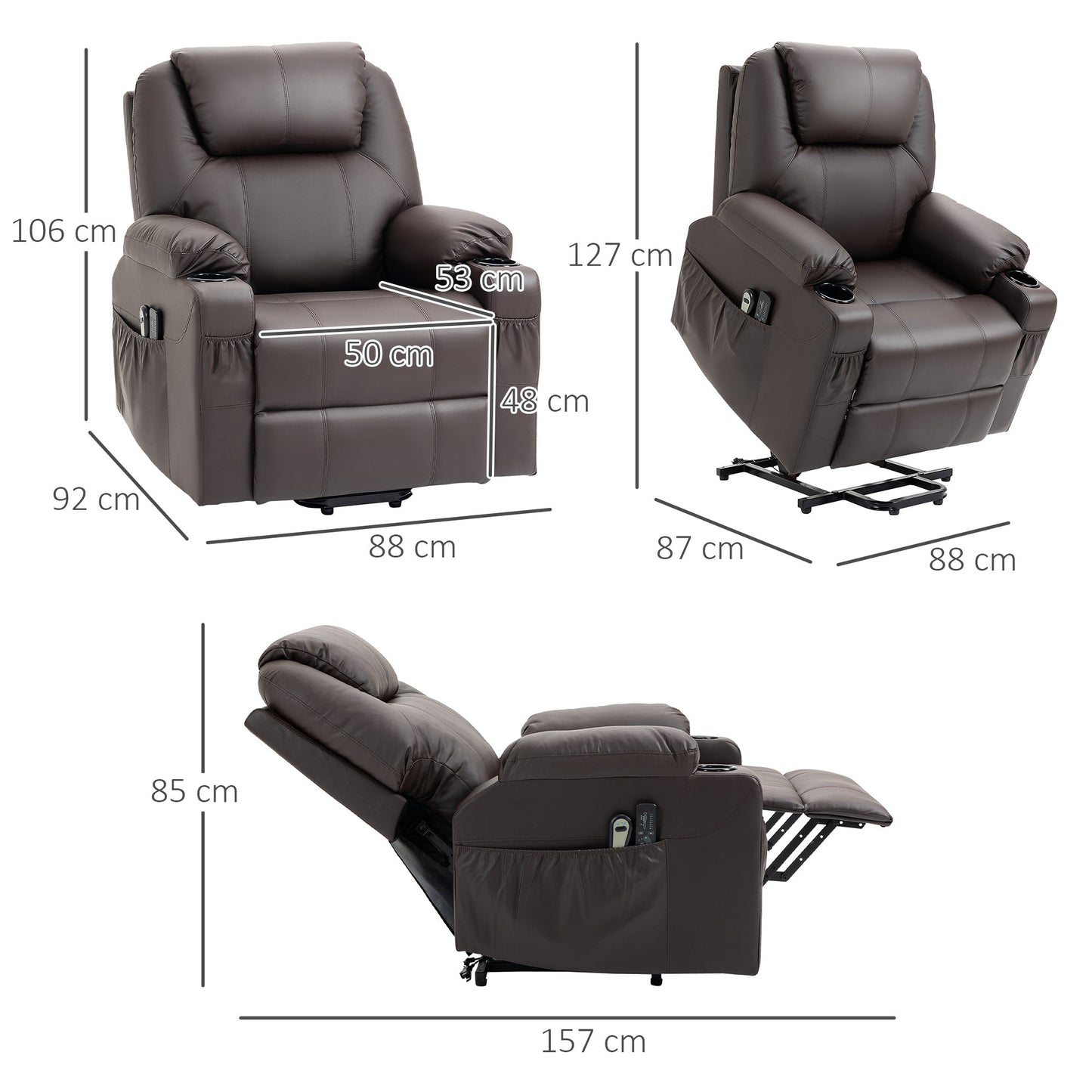 Reclinable Brown Armchair with Lift Assist up to 135 ° with Cup Holders, Remote control and Footrest | 88x92x106 cm - Borgè