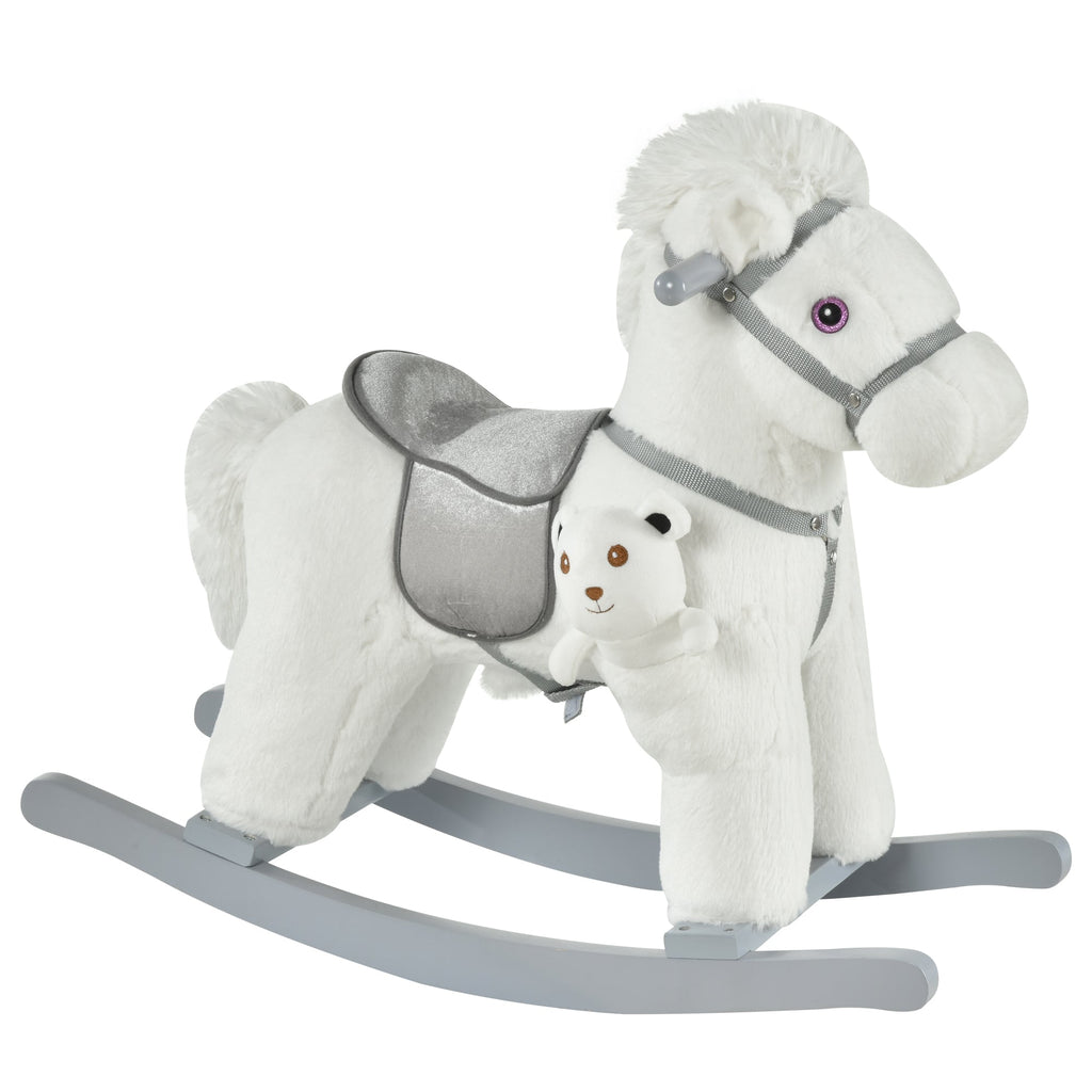 Children's Rocking Horse in Plush and Wood with Sounds and Teddy Bear Included, for Children from 18-36 Months, 65x26x55cm, White - Borgè