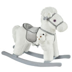 Children's Rocking Horse in Plush and Wood with Sounds and Teddy Bear Included, for Children from 18-36 Months, 65x26x55cm, White - Borgè