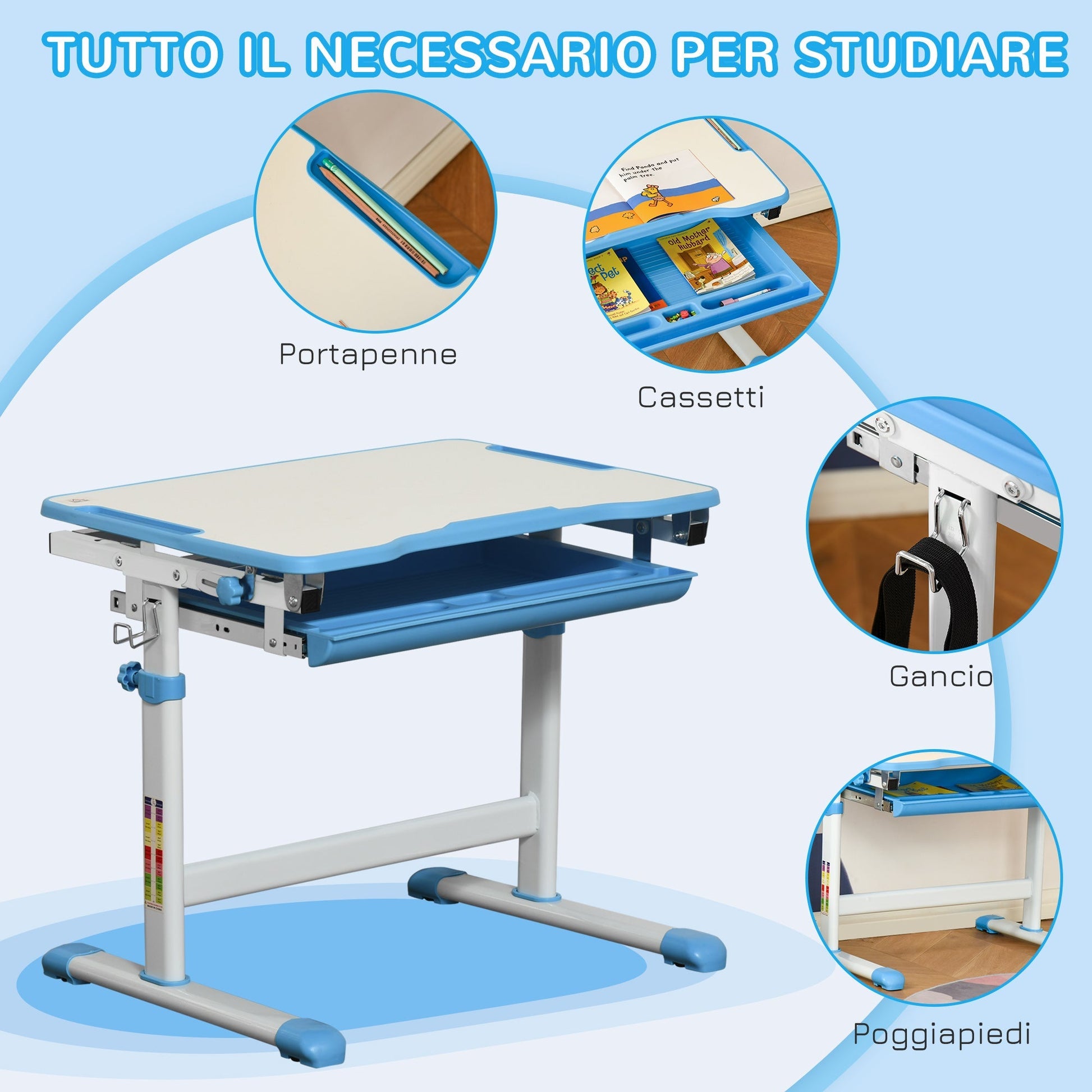 school desk with height adjustable chair for children 6-12 years, drawer and tilted plan at 45 Â°, steel and mdf, blue - Borgè