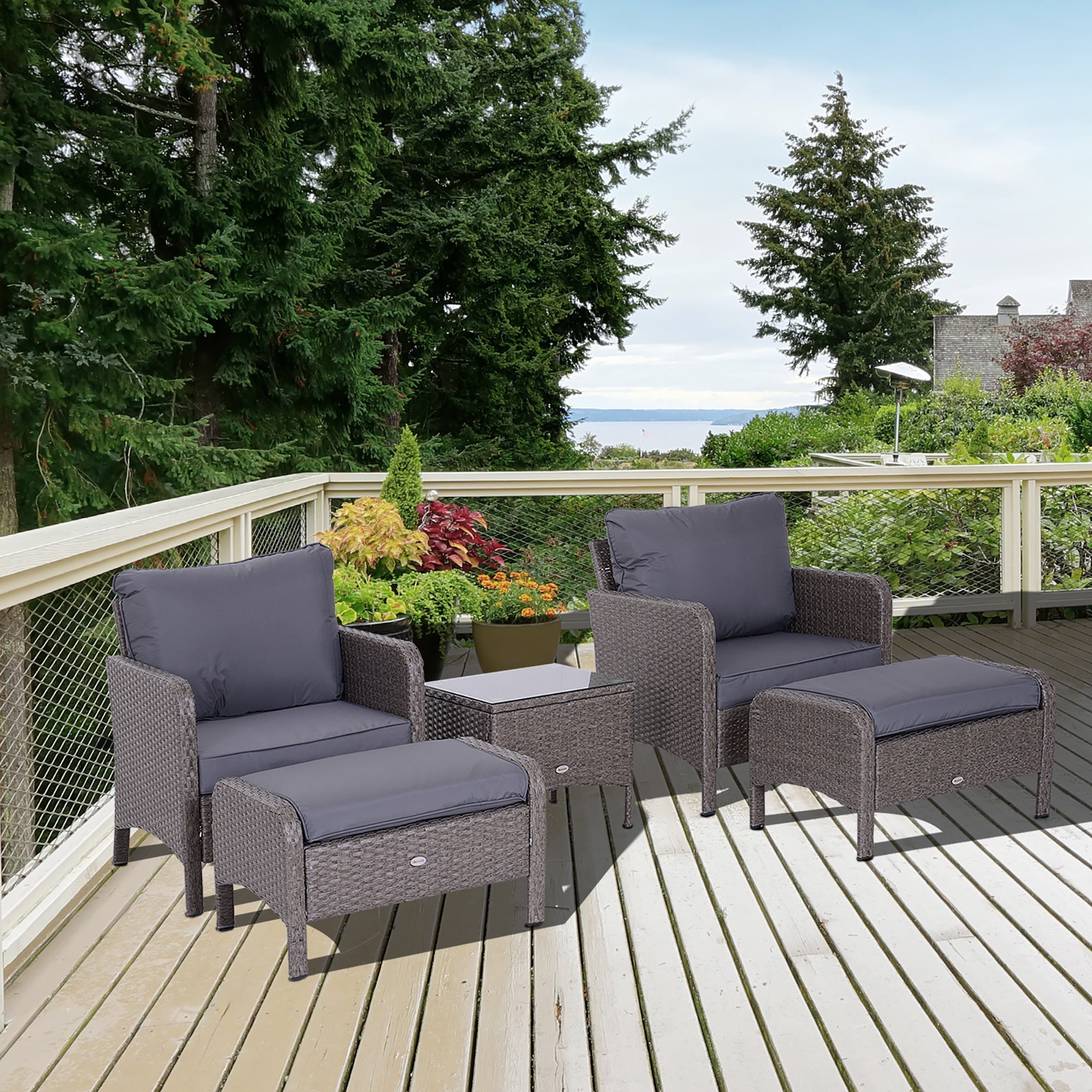 Garden Furniture Set 2 Armchairs 2 Footstools 1 Coffee Table in Tempered Glass Rattan Grey - Borge' Group Limited
