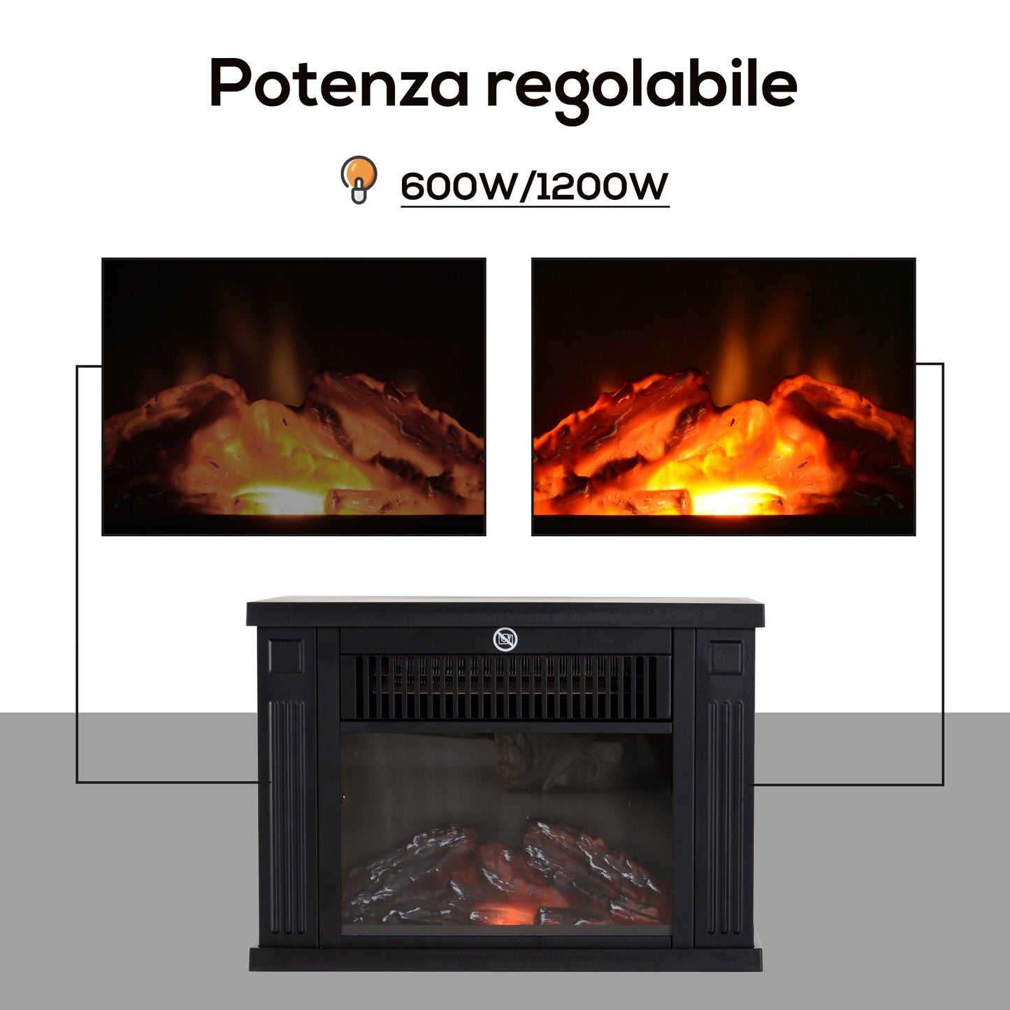 electric fireplace from land power 600W/1200w plastic and tempered black glass, 34x17x25cm - Borgè