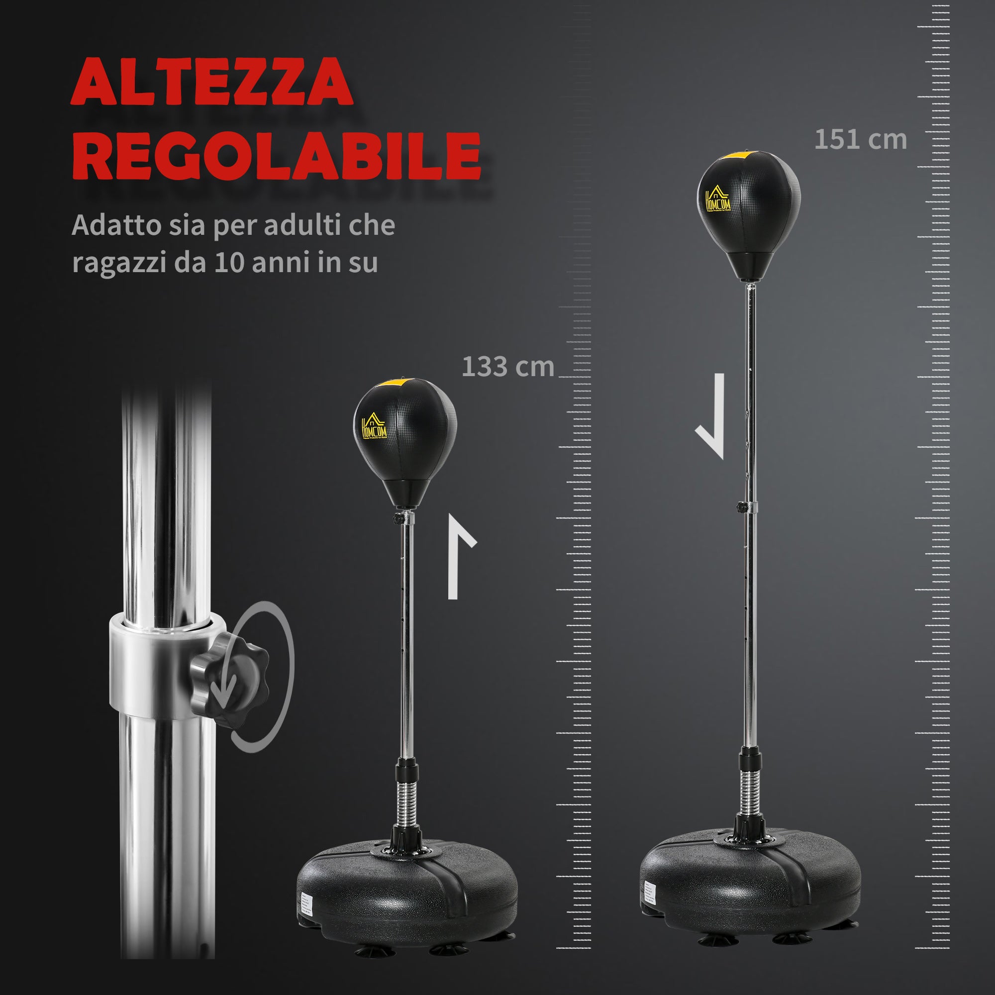 Boxing bag at adjustable height, gloves included, in pe and metal, 45x45x133-151cm, gold - Borge' Group Limited